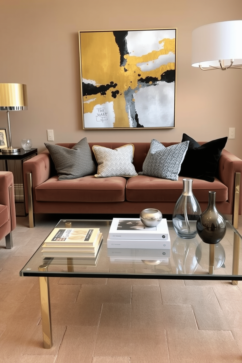 A stylish living room featuring a mix of brass and chrome accents. The furniture includes a plush velvet sofa with metallic legs and a glass coffee table adorned with decorative books and a sleek vase. The walls are painted in a warm beige tone, complemented by a bold abstract art piece that incorporates both gold and silver hues. Cozy throw pillows in various textures add depth, while a modern floor lamp with a mixed metal finish provides ambient lighting.