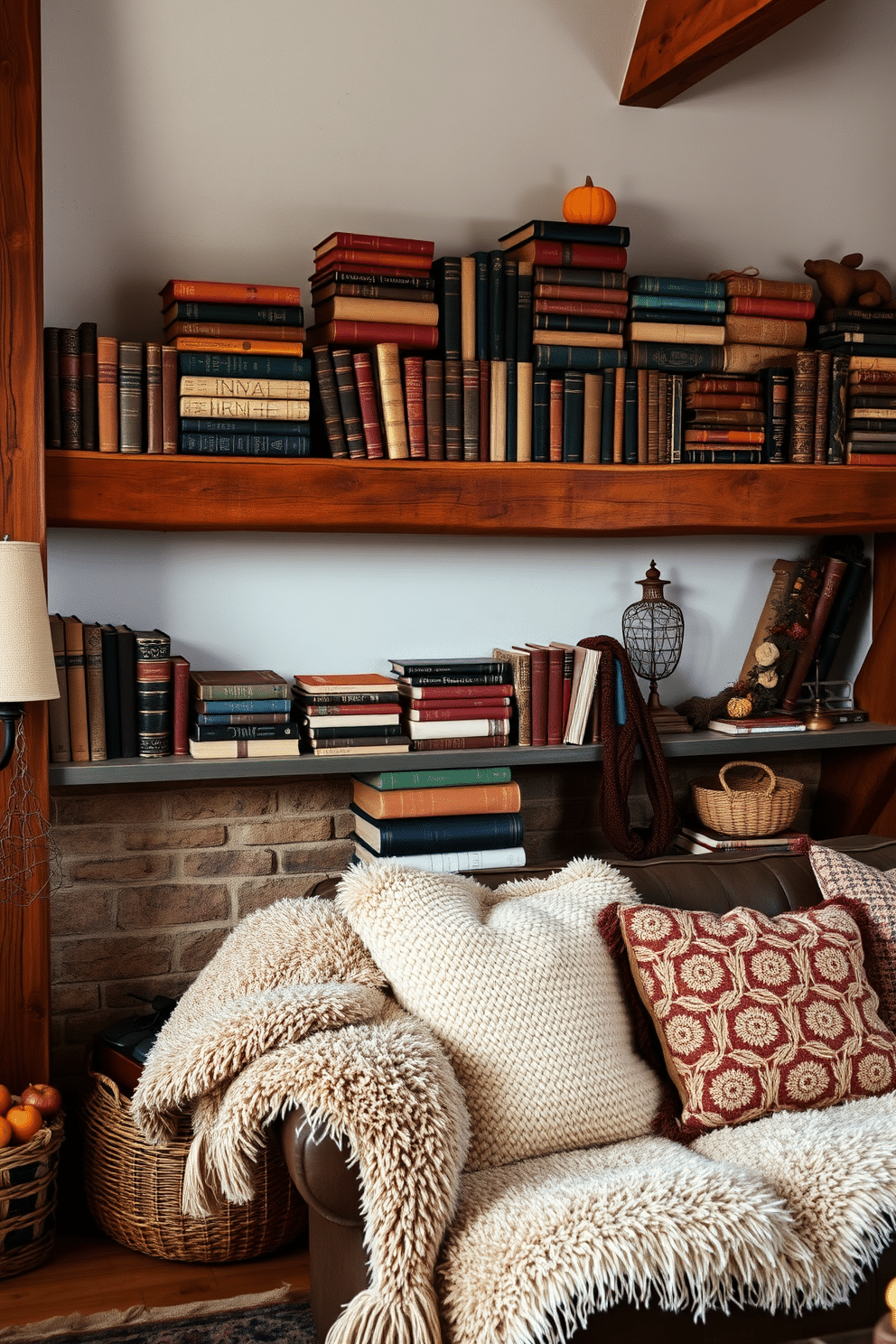 A cozy loft space adorned with vintage books stacked artfully on a rustic wooden shelf. Warm autumn colors fill the room, with plush throw blankets and seasonal decor enhancing the inviting atmosphere.