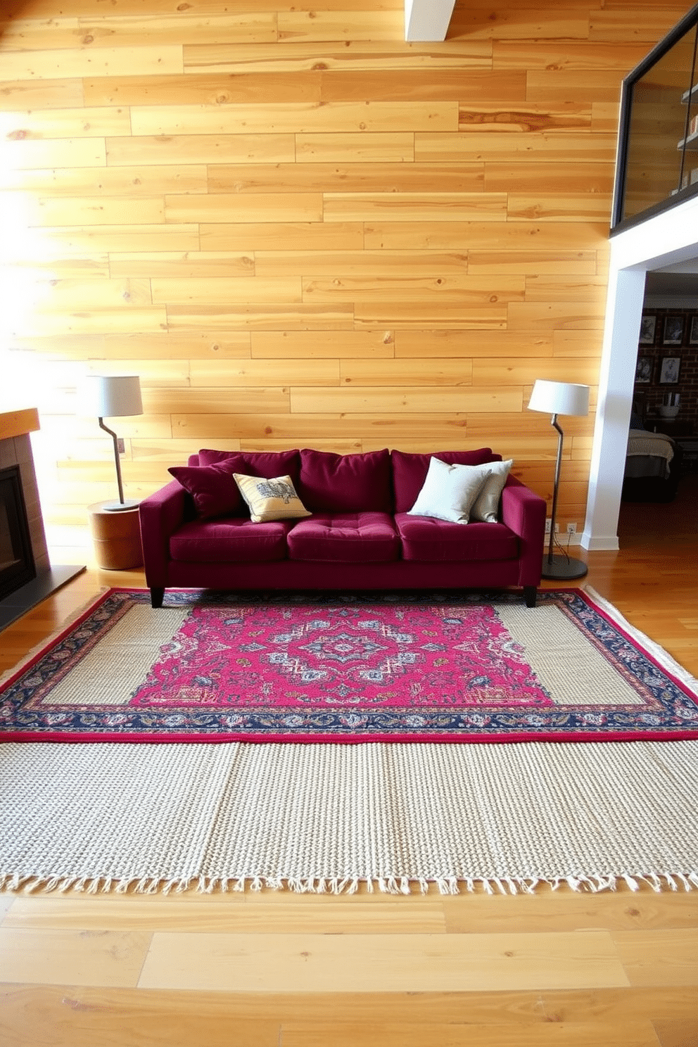 A cozy loft living space featuring layered rugs in various textures and patterns. The base rug is a large neutral jute design, topped with a smaller, colorful Persian rug that adds warmth and depth to the room. The walls are adorned with warm-toned wood paneling, creating a rustic yet modern atmosphere. A plush sofa in a deep burgundy hue is positioned over the rugs, complemented by throw pillows in complementary colors.