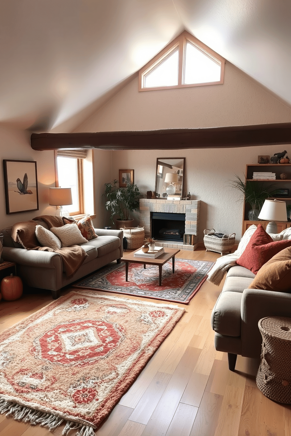 A cozy loft living area featuring soft area rugs that provide comfort underfoot. The space is adorned with warm autumn colors, with plush cushions and throws adding to the inviting atmosphere.