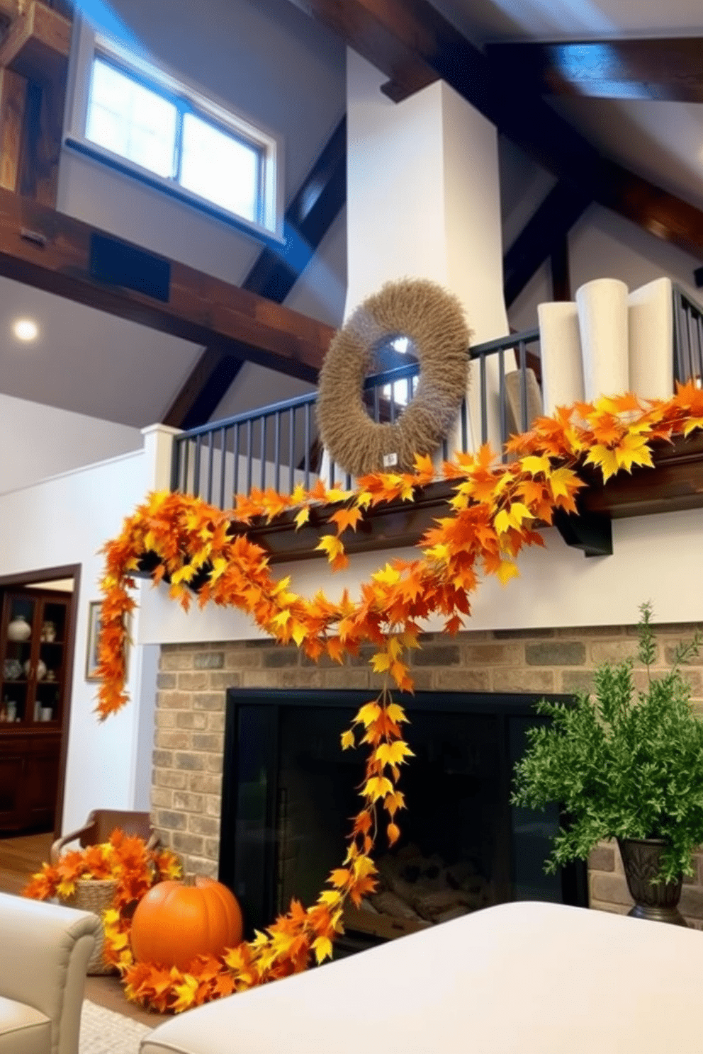 A cozy loft adorned with an autumn leaves garland draped elegantly across the mantel. The warm hues of orange and yellow leaves complement the rustic wooden beams and soft lighting, creating a welcoming atmosphere.