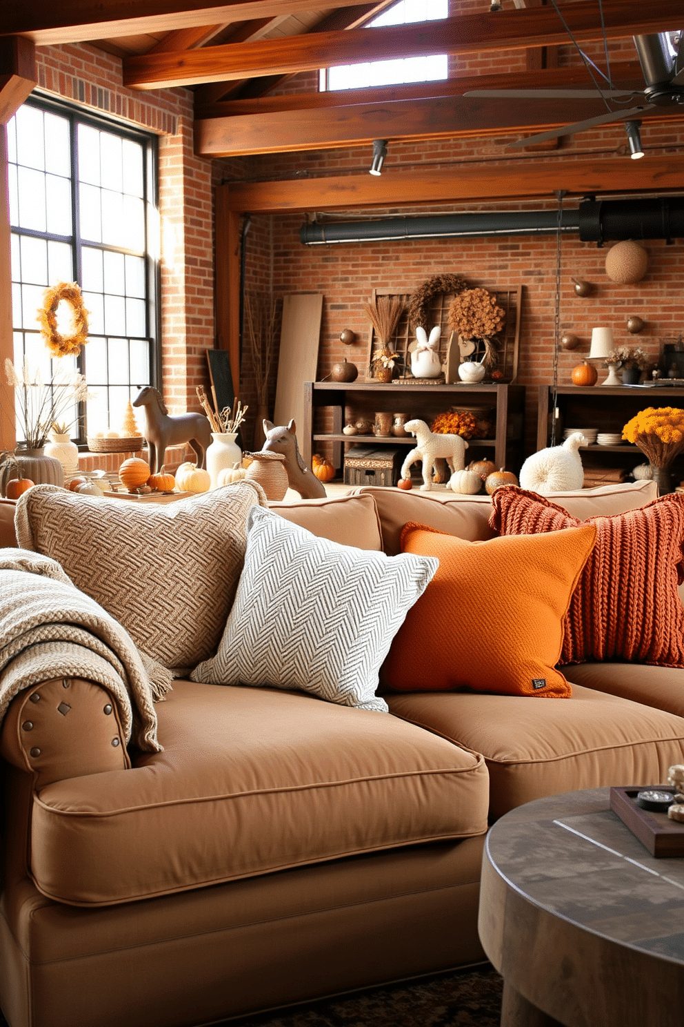 Cozy knit pillows in warm colors are arranged on a plush, oversized sofa in a rustic loft setting. The warm hues of the pillows complement the rich wooden beams and exposed brick walls, creating an inviting atmosphere. A soft throw blanket drapes over one arm of the sofa, adding an extra layer of comfort. In the background, a large window lets in natural light, illuminating a collection of autumn-themed decor scattered throughout the space.