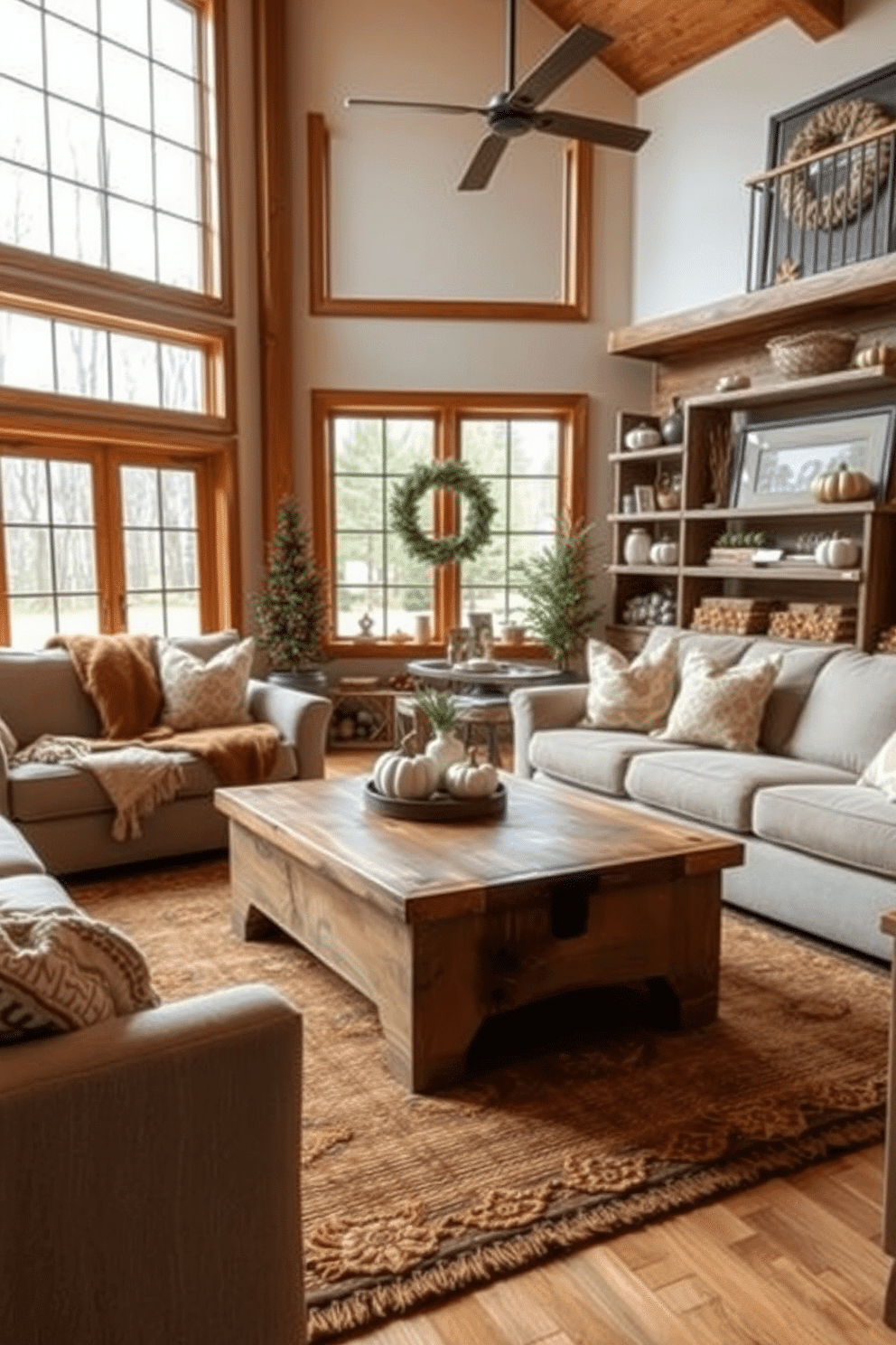 A cozy living room adorned with rustic wooden accents. The space features a large reclaimed wood coffee table surrounded by plush, neutral-toned sofas and a warm, inviting area rug. On the walls, there are wooden shelves displaying seasonal decor and cozy throw blankets. Large windows allow natural light to flood in, enhancing the autumn-inspired decor with pumpkins and earthy tones.