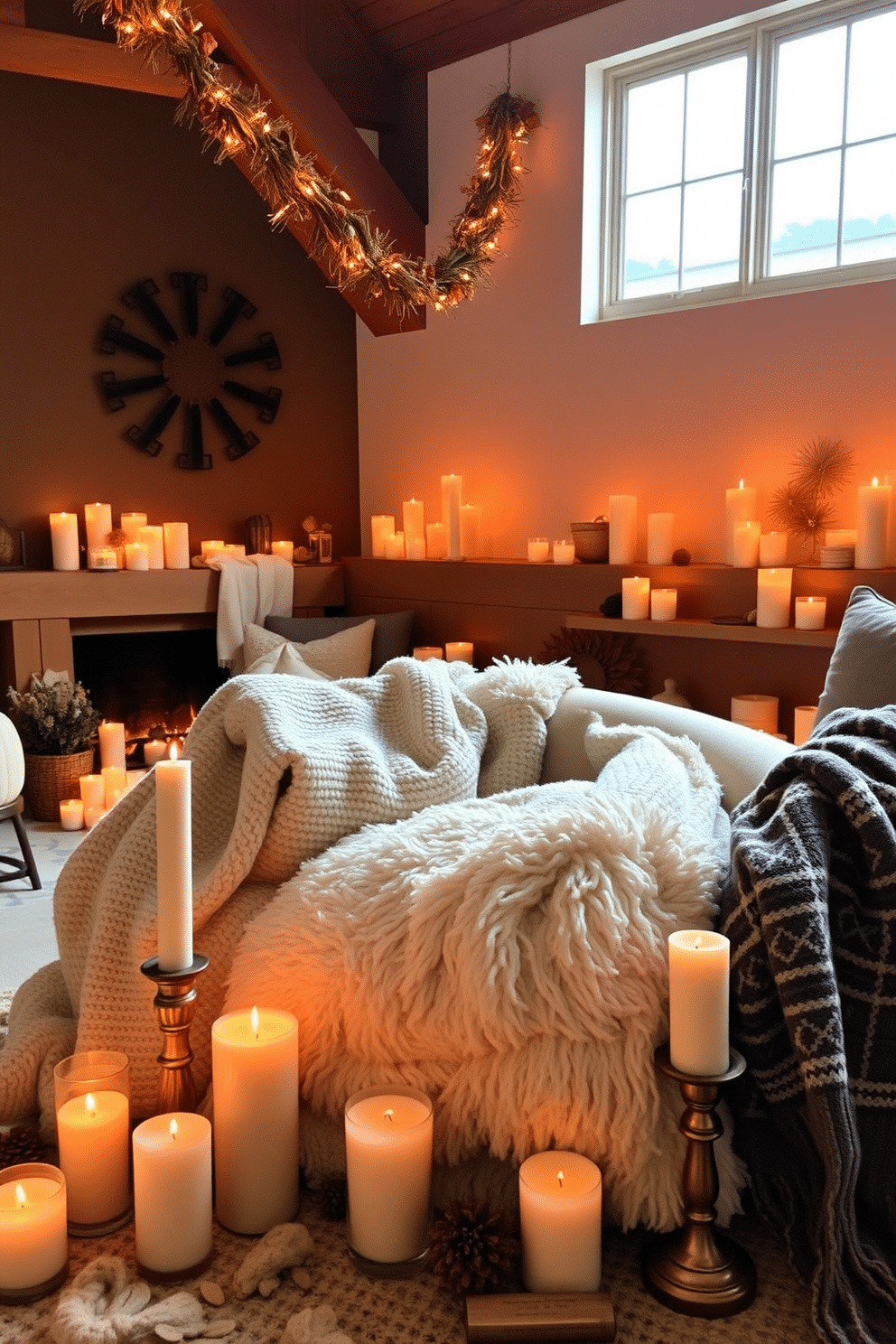 A cozy fall loft setting adorned with candles in varying heights and sizes. The warm glow of the candles creates an inviting atmosphere, complemented by plush throw blankets and seasonal decor scattered throughout the space.