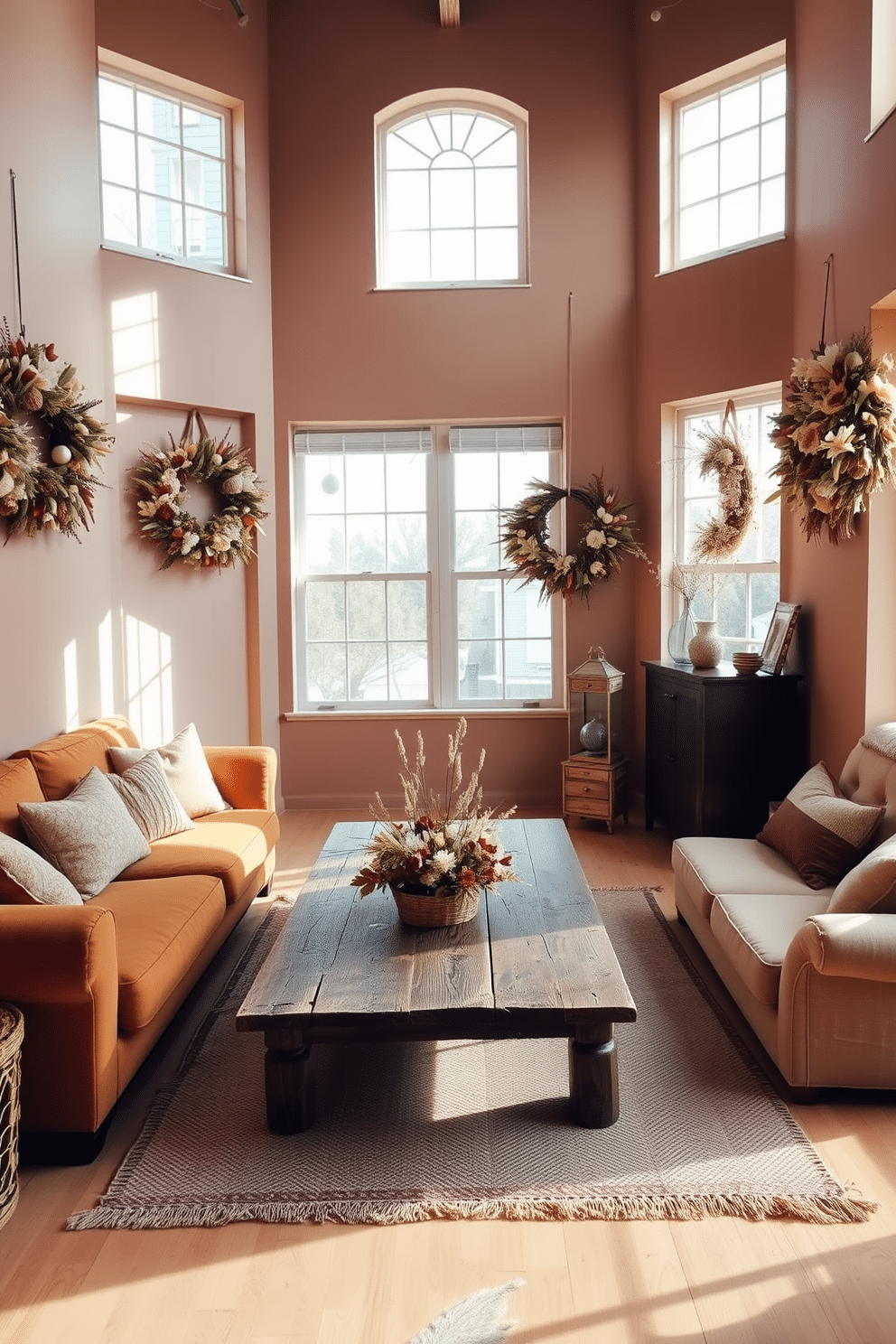 A cozy loft space adorned with wreaths made of dried flowers. The walls are painted in soft earth tones, and the large windows allow natural light to flood the room. In the center, a rustic wooden coffee table is surrounded by plush seating in warm hues. Dried flower wreaths hang on the walls, adding a touch of autumn charm to the decor.