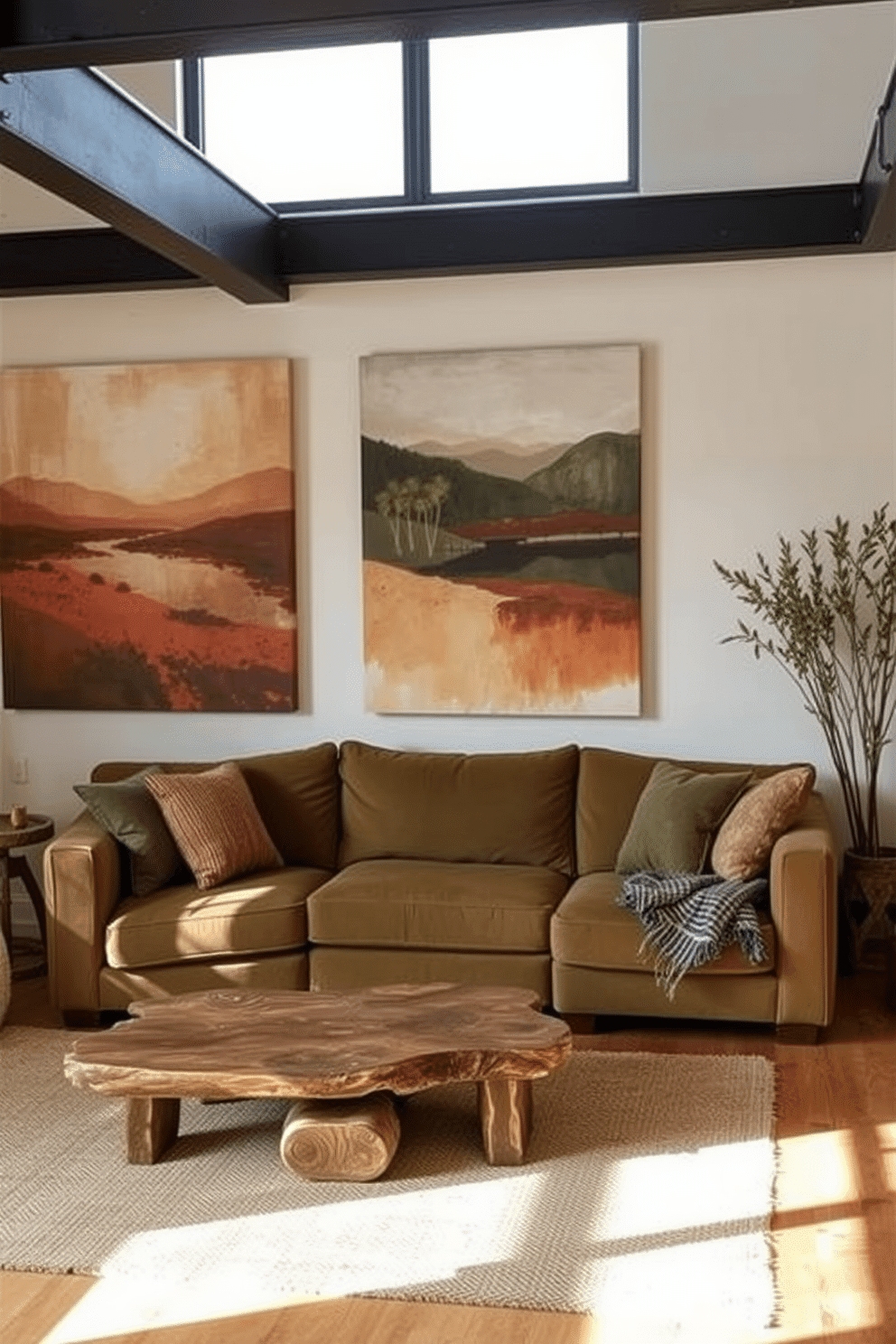 A cozy loft space featuring earthy tones in the wall art. The walls are adorned with large canvas prints showcasing abstract landscapes in warm browns, soft greens, and muted terracotta. In the center of the room, a plush sectional sofa in a deep olive hue invites relaxation. A rustic wooden coffee table sits atop a textured area rug, complementing the natural elements of the decor.