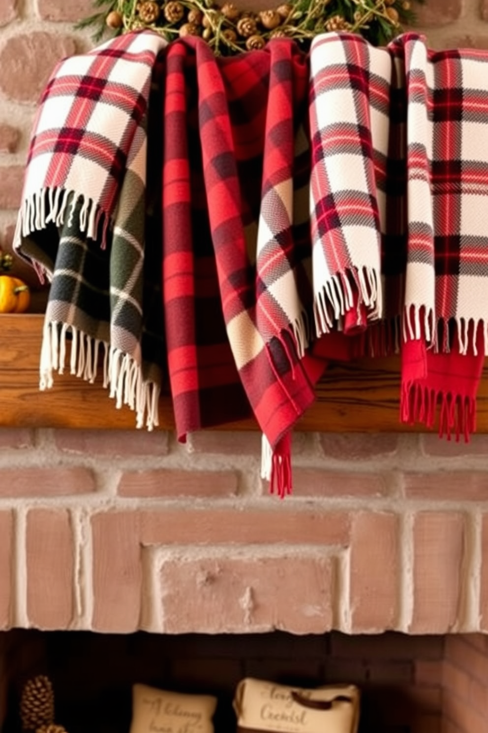 Cozy plaid blankets draped over a rustic wooden mantel create a warm and inviting atmosphere. The mantel is adorned with seasonal decorations, including small pumpkins and pinecones, enhancing the fall theme.