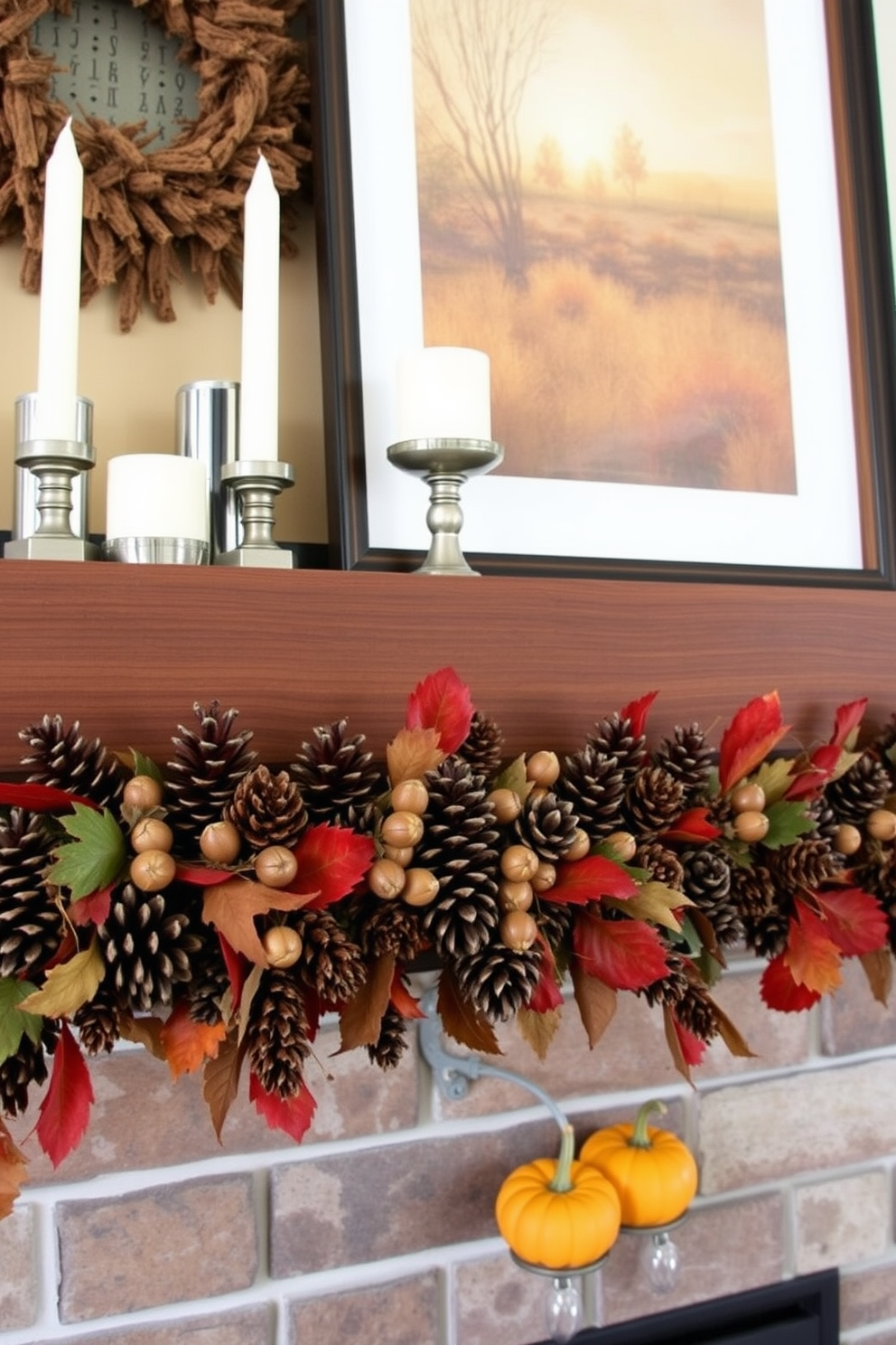 A cozy fall mantel adorned with natural elements such as pinecones and acorns creates a warm and inviting atmosphere. The mantel features a rustic wooden beam as a focal point, with clusters of pinecones and scattered acorns artfully arranged among autumn leaves. Incorporate candles of varying heights to add a soft glow to the display. A backdrop of warm-toned artwork enhances the seasonal charm, while a few small pumpkins complete the look, bringing a touch of festive elegance.