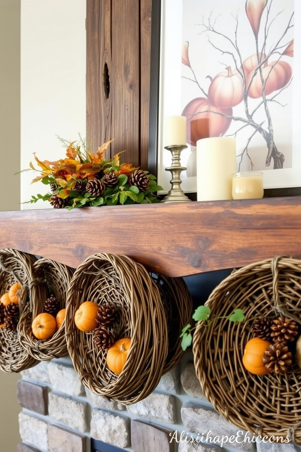 A cozy fall mantel decorated with woven baskets of various sizes and textures. The baskets are filled with seasonal foliage, pinecones, and small pumpkins to create a warm and inviting atmosphere. Above the mantel, a rustic wooden beam provides a perfect backdrop for autumn-themed art and candles. Soft, warm lighting enhances the rich colors of the decor, making the space feel welcoming and festive.