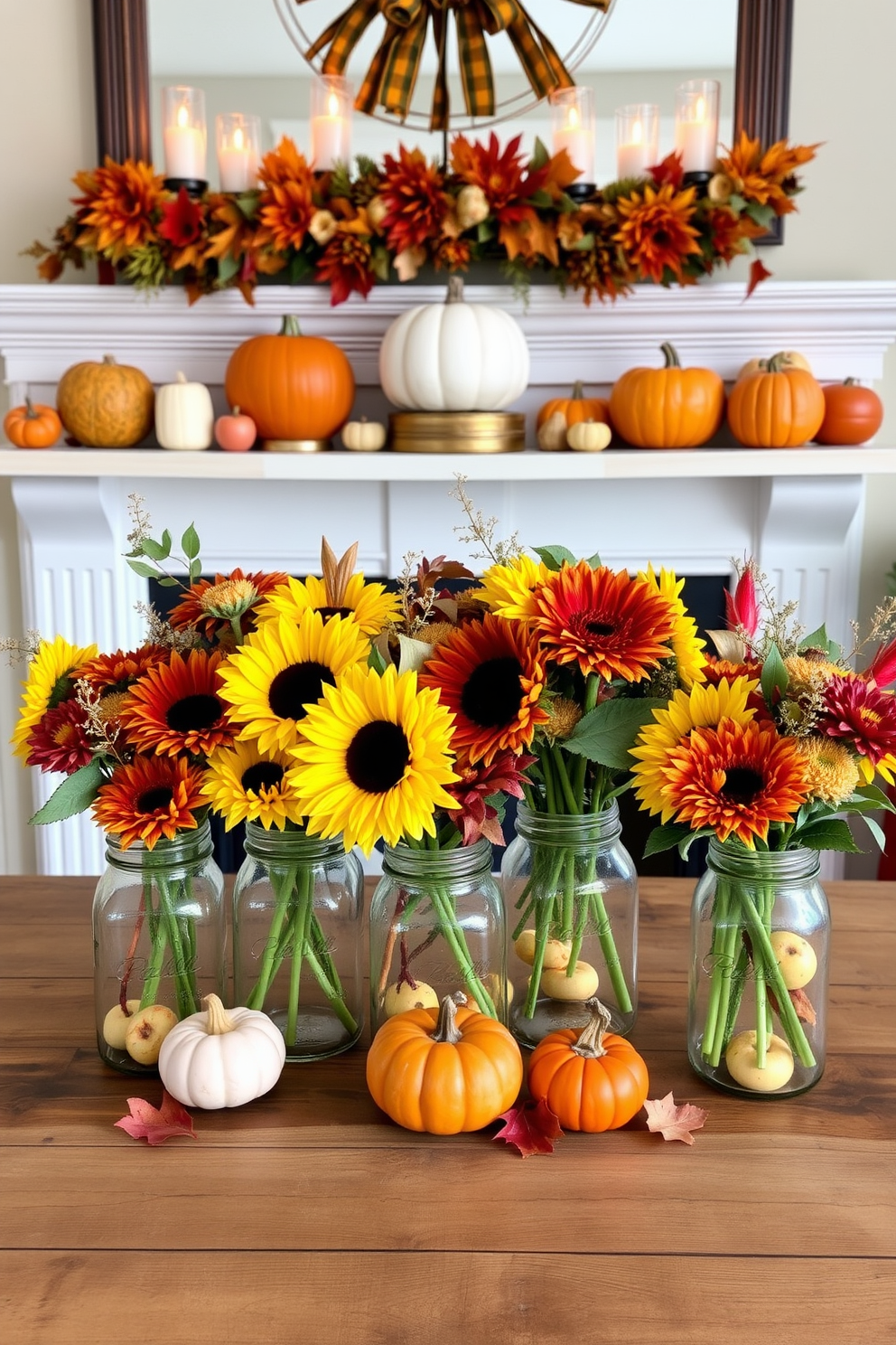 A collection of vibrant fall floral arrangements in mason jars sits elegantly on a rustic wooden table. Each jar is filled with a mix of sunflowers, chrysanthemums, and autumn leaves, creating a warm and inviting atmosphere. The mantel is adorned with a charming display of seasonal decorations, featuring pumpkins and gourds in various sizes. Above the mantel, a garland of autumn foliage drapes gracefully, complemented by flickering candles in elegant holders.