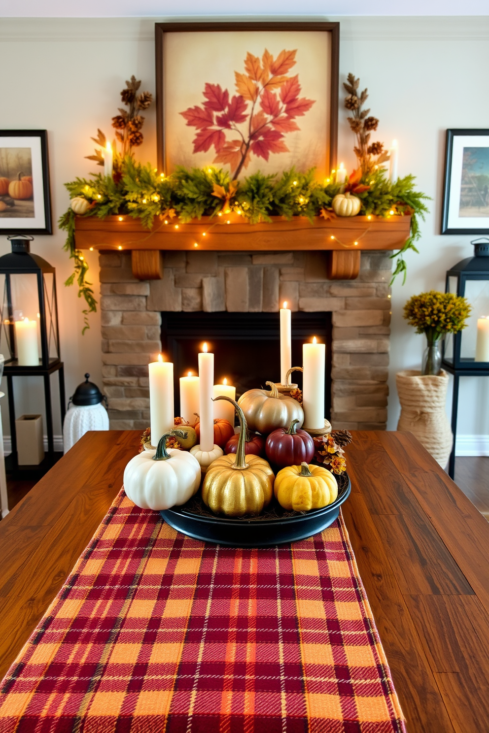 A cozy living room adorned with a beautifully decorated mantel, featuring a warm color palette that reflects the essence of fall. A plaid table runner in rich burgundy and gold tones lies underneath, complementing an array of pumpkins and candles arranged artfully on the mantel. The backdrop showcases a rustic wooden mantelpiece, adorned with seasonal greenery and twinkling fairy lights. On either side, decorative lanterns and framed autumn-themed artwork enhance the inviting atmosphere of the space.