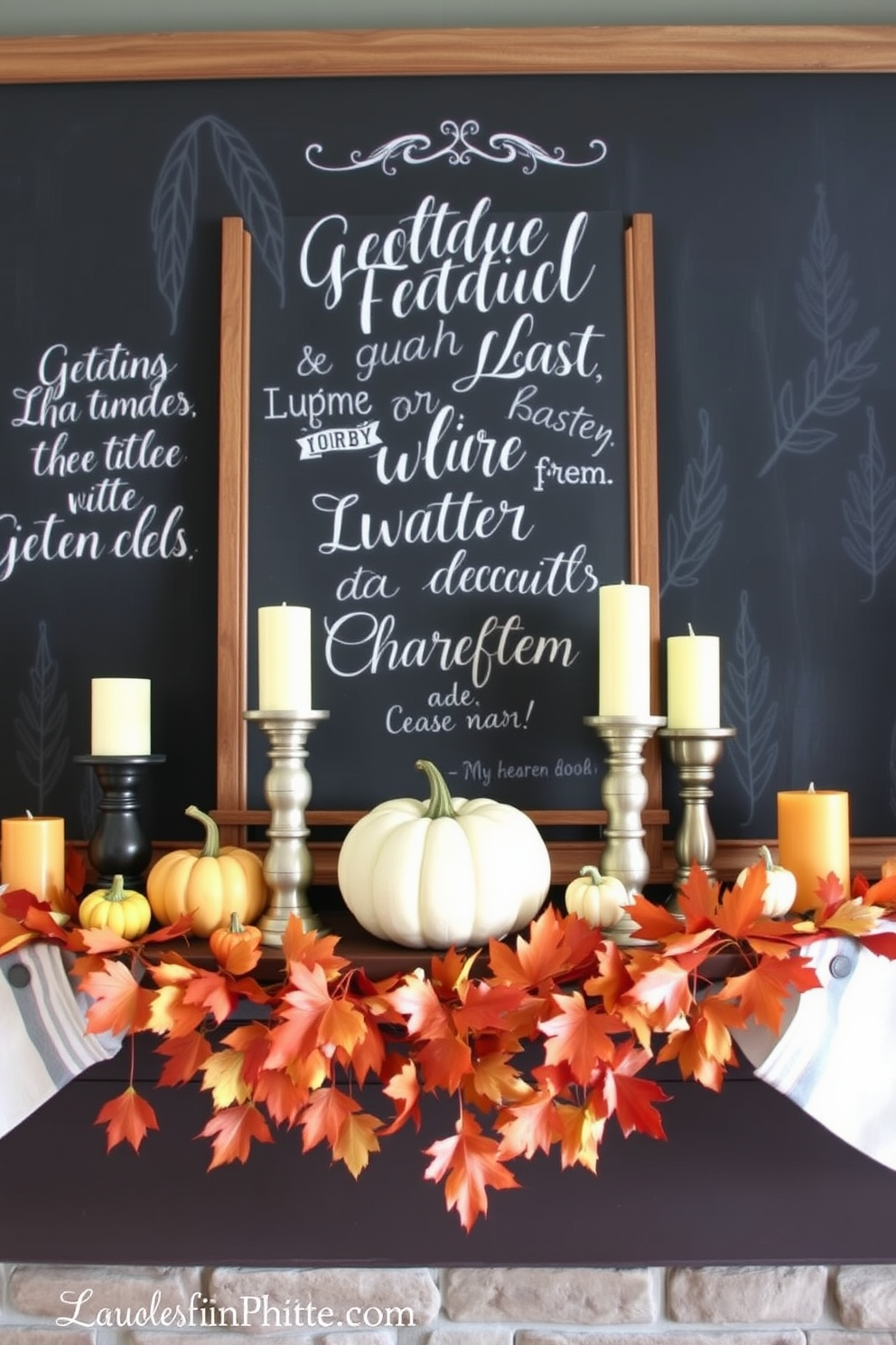 A cozy fall mantel decorated with a chalkboard featuring seasonal quotes and art. The mantel is adorned with pumpkins of various sizes, warm-toned candles, and a garland of autumn leaves.