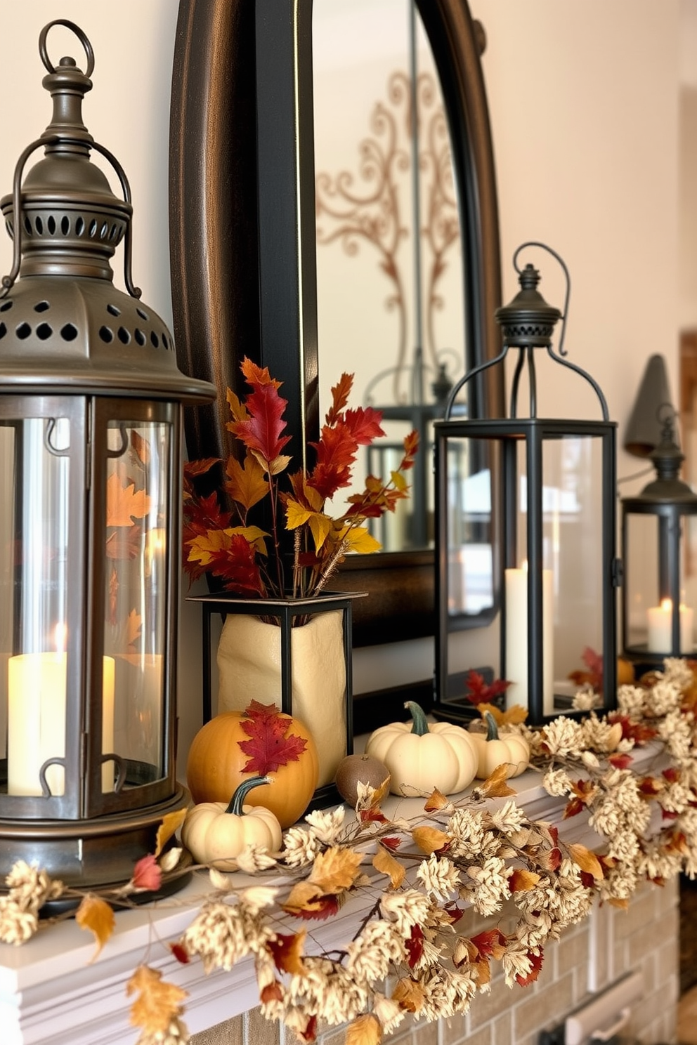 Antique lanterns cast a warm glow, enhancing the cozy atmosphere of the space. Their intricate designs and aged patina add a nostalgic touch to the overall decor. The fall mantel is adorned with vibrant leaves, miniature pumpkins, and rustic elements. A garland of dried flowers drapes elegantly, creating a seasonal focal point that invites warmth and comfort.