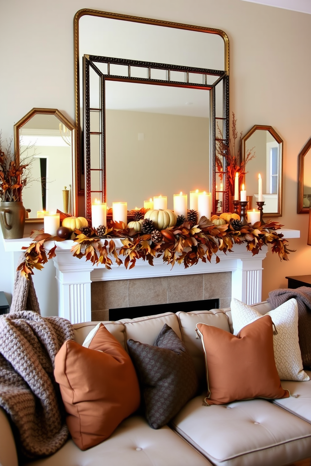 A cozy living room featuring a fall-themed mantel decorated with layered mirrors. The mirrors reflect warm candlelight and autumnal accents like pumpkins and gourds, creating a welcoming atmosphere. The mantel is adorned with a garland of dried leaves and pinecones, complemented by flickering candles in varied heights. Plush throw blankets and seasonal pillows on the sofa enhance the inviting feel of the space.