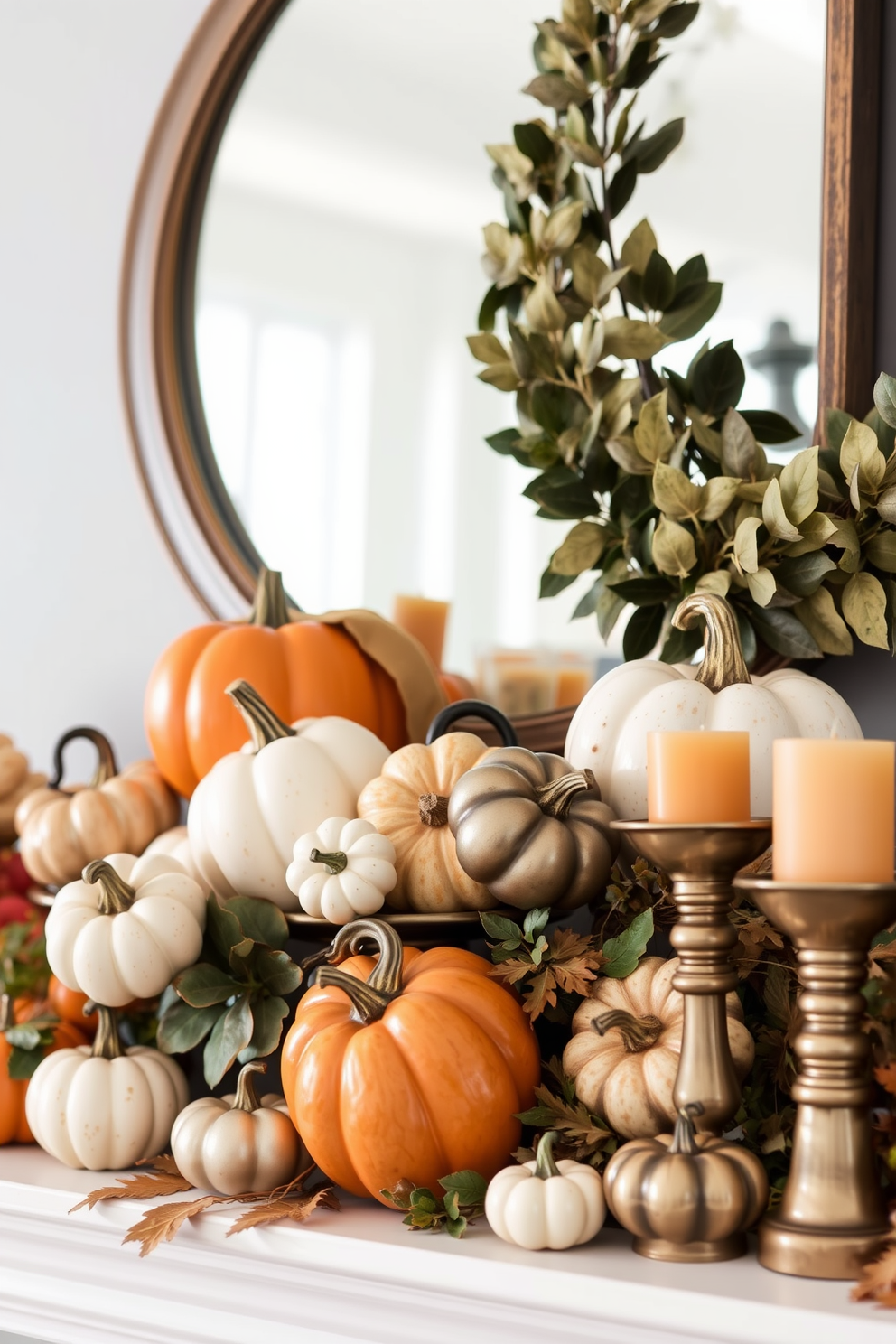 A cozy fall mantel adorned with clusters of ceramic and metal pumpkins in various sizes and finishes. The pumpkins are arranged alongside seasonal foliage and warm-toned candles, creating an inviting autumn atmosphere.