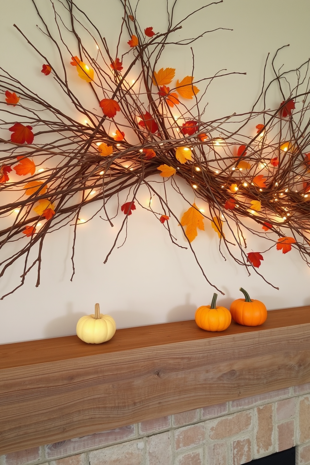 Twigs and branches are arranged artistically on a rustic wooden mantel, creating a natural and organic feel for the fall season. Accents of warm autumn colors, such as deep oranges and rich browns, are interspersed among the twigs to enhance the seasonal theme. Delicate fairy lights are woven through the branches, adding a soft glow to the arrangement during the evening. A few small pumpkins in varying sizes are placed strategically along the mantel, completing the cozy autumn aesthetic.