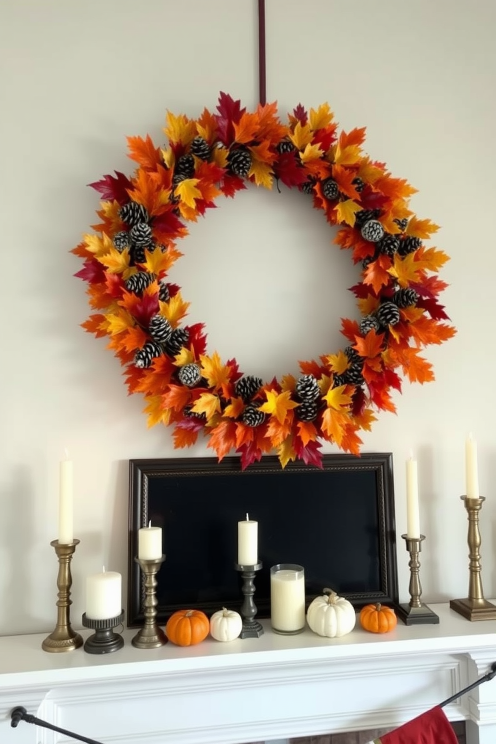 A seasonal wreath made of vibrant autumn leaves and pinecones is elegantly hung above the mantel. The mantel is adorned with small pumpkins and candles of varying heights, creating a warm and inviting atmosphere.