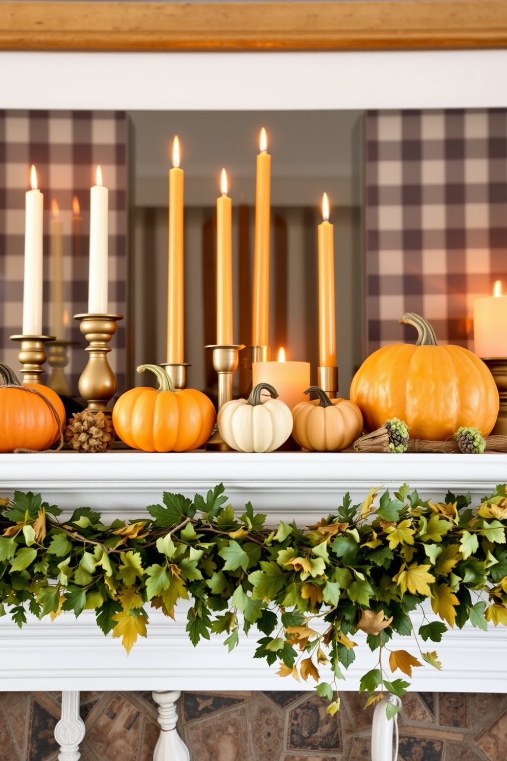 A cozy fall mantel decorated with seasonal pumpkins in various sizes. The pumpkins are arranged alongside warm-toned candles and autumn foliage, creating a festive and inviting atmosphere.