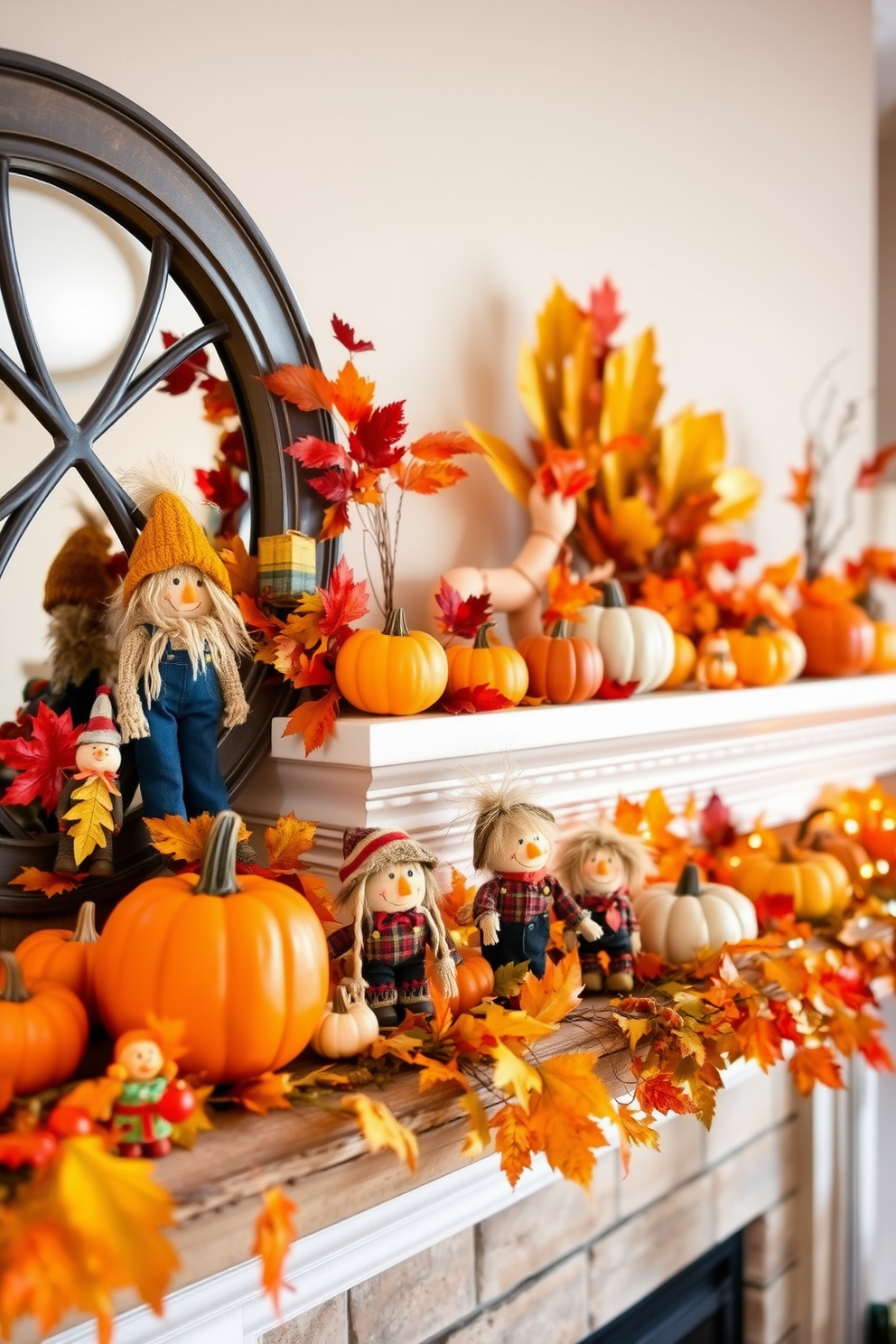 A charming fall mantel decorated with miniature scarecrows brings a playful vibe to the space. The mantel features an array of colorful pumpkins and autumn leaves, creating a warm and inviting atmosphere. The scarecrows are positioned among the decorations, adding a whimsical touch to the overall display. Soft, golden lighting enhances the cozy feel, making it a perfect focal point for the season.