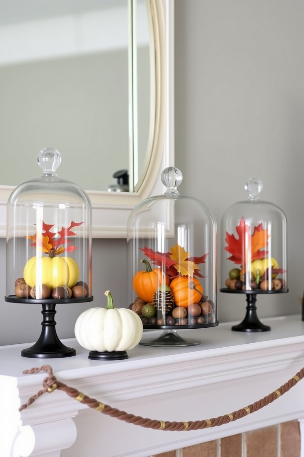 A stylish mantel adorned with glass cloches showcasing a variety of fall treasures. Inside the cloches, vibrant pumpkins, acorns, and colorful leaves create a seasonal centerpiece that captures the essence of autumn.