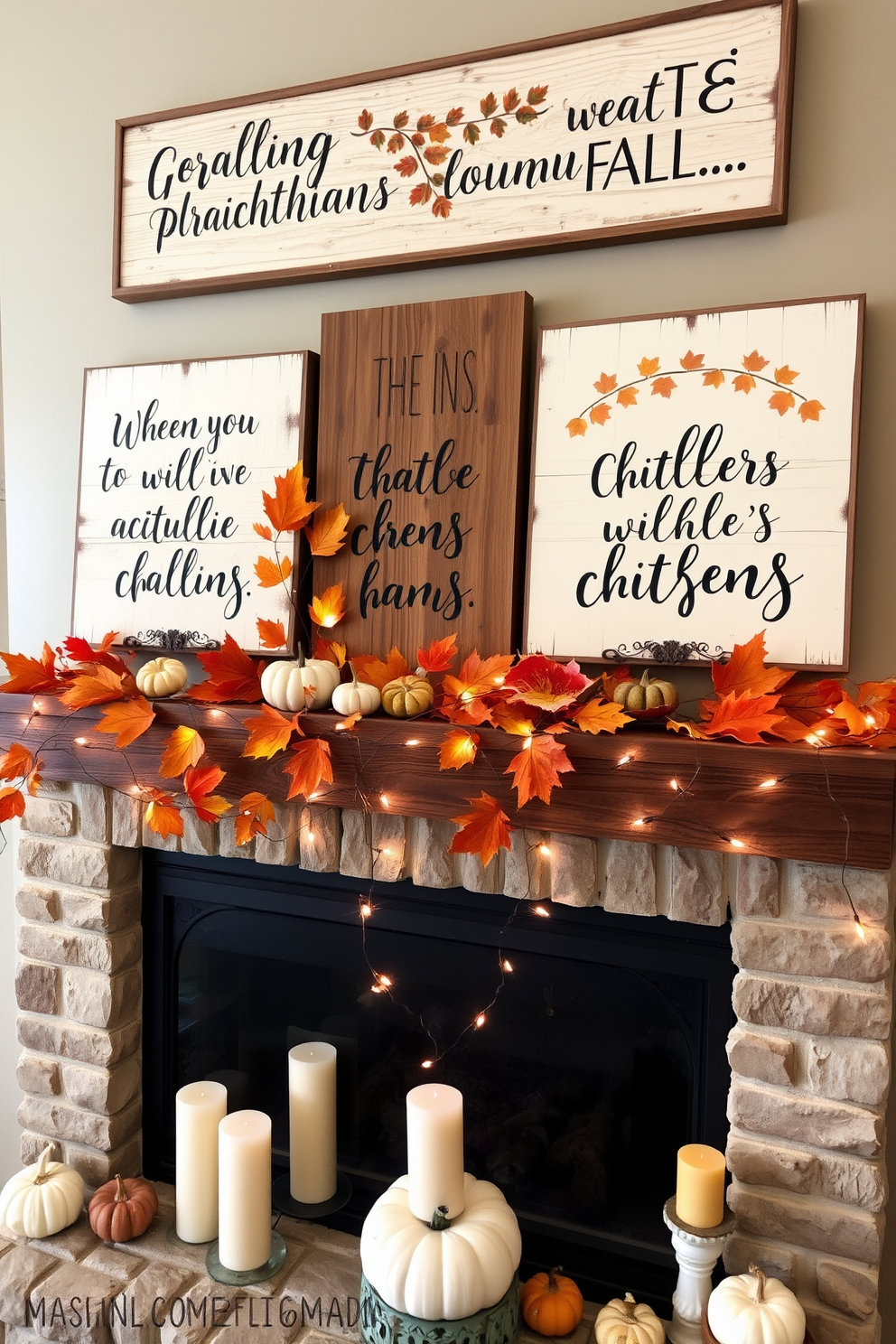 Rustic wooden signs adorned with charming fall sayings are artfully arranged on a cozy mantel. The warm hues of autumn leaves and pumpkins complement the natural texture of the wood, creating a welcoming seasonal display. The mantel is decorated with an assortment of seasonal elements, including small gourds and candles in earthy tones. Soft fairy lights are intertwined among the decorations, adding a warm glow to enhance the rustic ambiance.