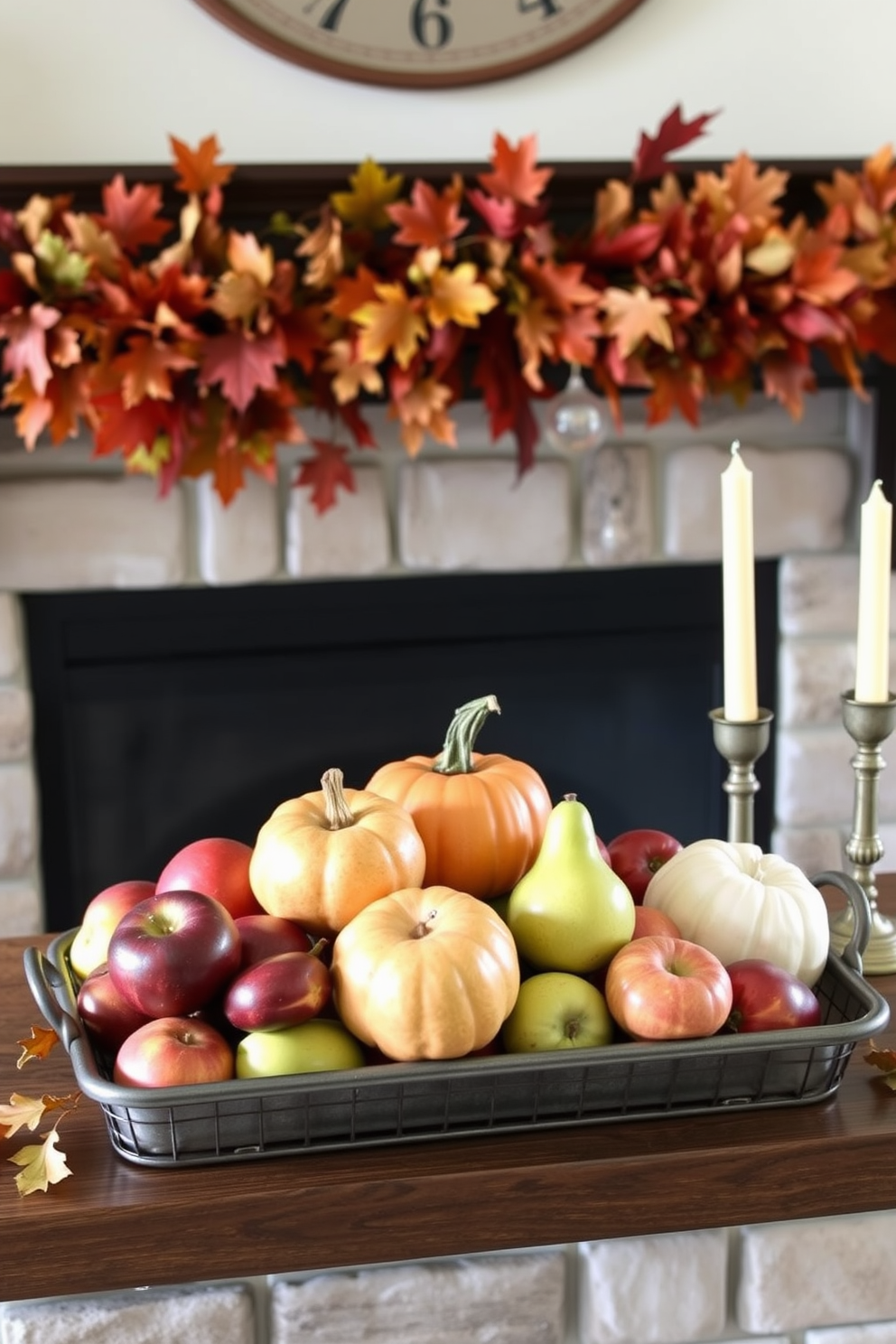 A cozy fall mantel decorated with metal trays filled with seasonal fruits. The trays are arranged with vibrant apples, pears, and pumpkins, complemented by rustic candles and autumn leaves.