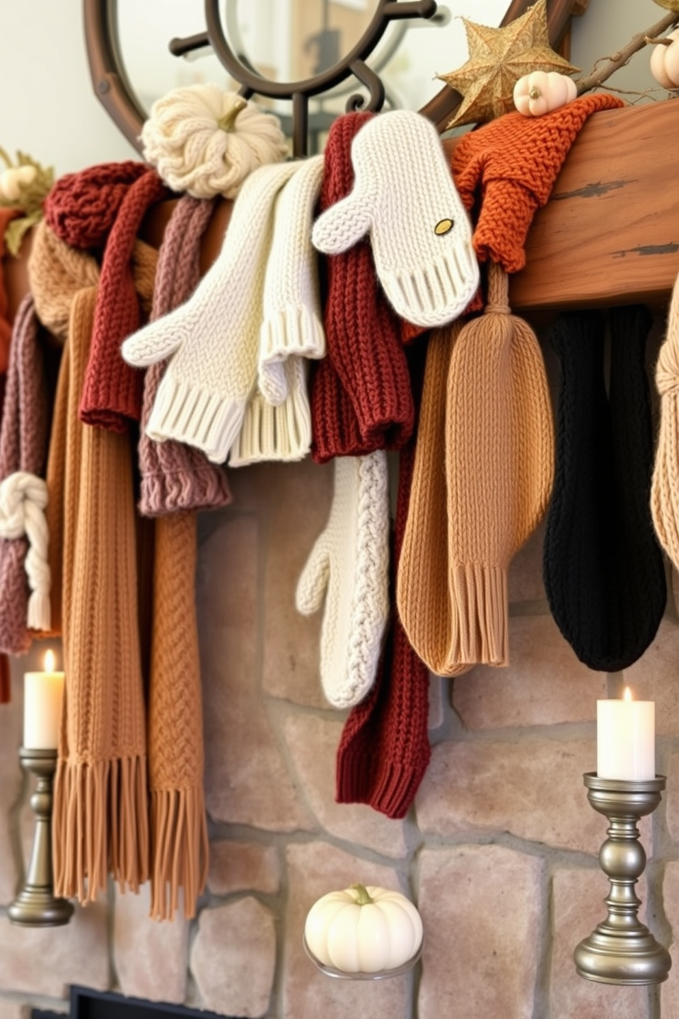 A cozy fall mantel decorated with an assortment of knitted scarves and mittens in warm earth tones. The mantel features a rustic wooden beam, adorned with small pumpkins and candles, creating an inviting autumn atmosphere.