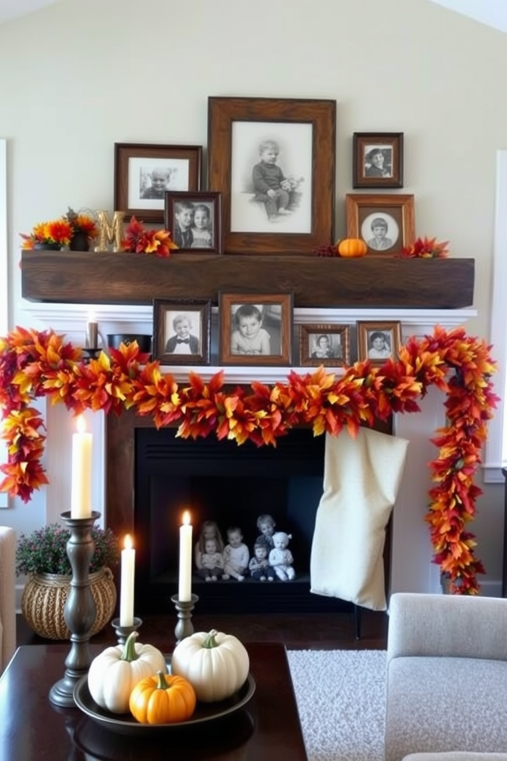 A cozy living room featuring a beautifully decorated mantel adorned with colorful fall garlands. The garlands are rich in hues of orange, red, and yellow, creating a warm and inviting atmosphere for the autumn season. Above the mantel, a collection of framed family photos in rustic wooden frames adds a personal touch. Flickering candles in varying heights sit alongside small pumpkins, enhancing the seasonal charm of the space.