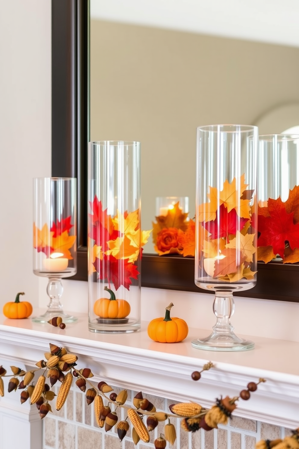 A cozy fall mantel decorated with hurricane lamps filled with colorful autumn leaves and small pumpkins. The soft glow of the lamps creates a warm ambiance, complemented by a garland of dried corn and acorns draped along the mantel.