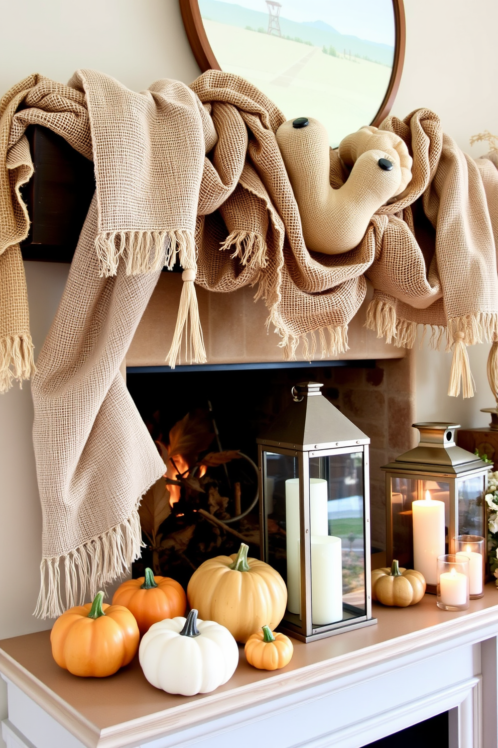 A cozy fall mantel adorned with textured fabrics like burlap and linen creates a warm and inviting atmosphere. The mantel features a mix of rustic burlap garlands intertwined with soft linen throws, enhancing the seasonal charm. On the mantel, a collection of decorative pumpkins in varying sizes adds a pop of color against the neutral fabrics. Soft candlelight from elegant lanterns complements the textures, creating a serene focal point for the living space.