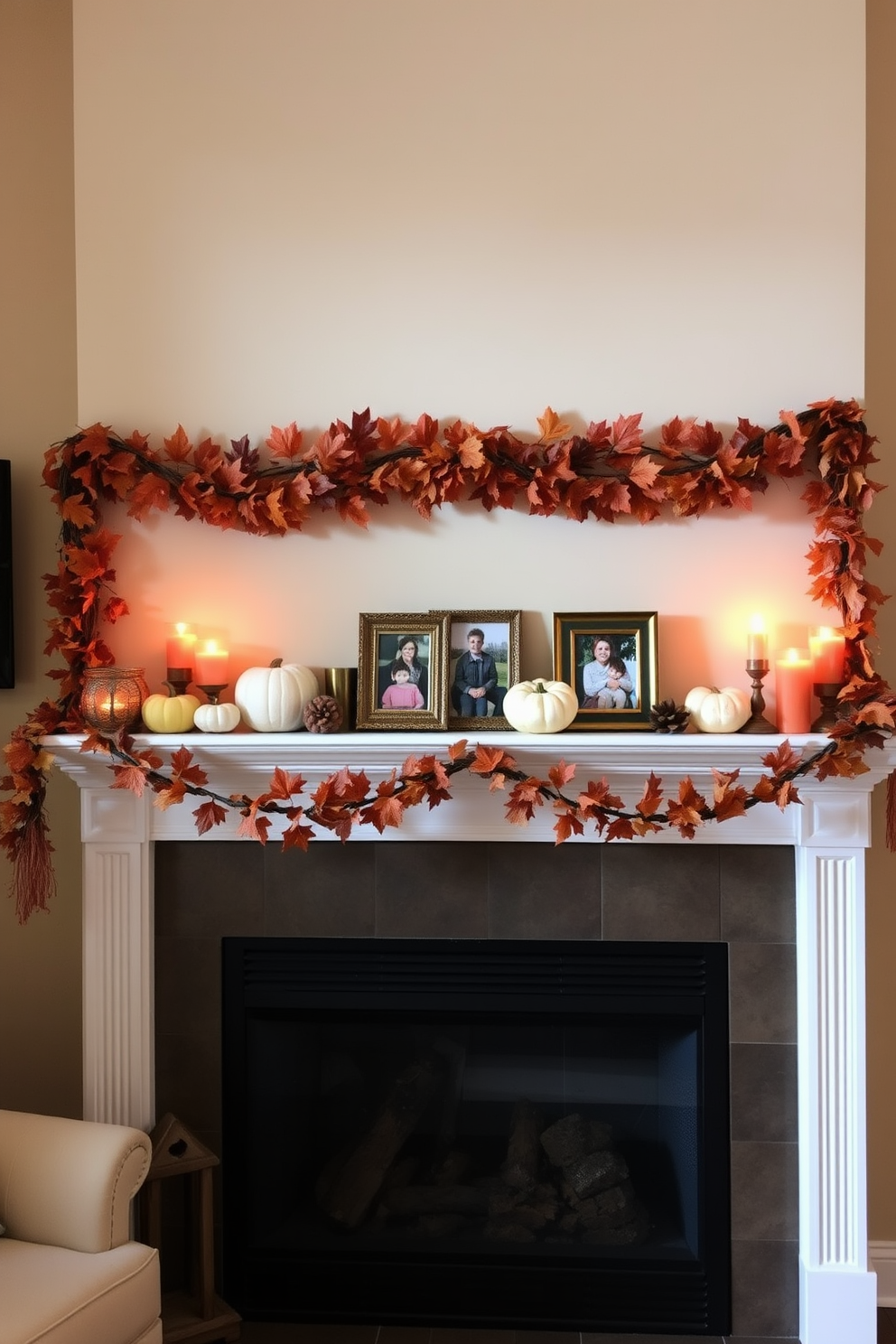 A cozy living room scene featuring a beautifully decorated mantel for fall. The mantel is adorned with an assortment of pumpkins in various sizes, complemented by garlands of autumn leaves and candles in warm hues. Framed family photos in autumn tones are arranged tastefully on the mantel, adding a personal touch to the decor. The warm lighting creates an inviting atmosphere, perfect for family gatherings during the fall season.