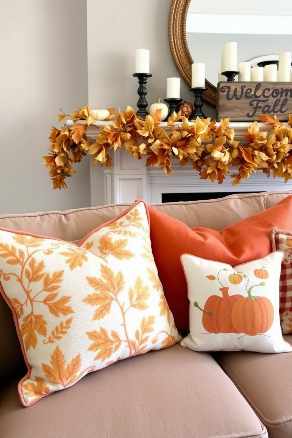 Seasonal themed pillows in warm autumn colors are arranged on a cozy sofa, adding a touch of comfort and style to the living room. The pillows feature intricate patterns of leaves and pumpkins, inviting a festive atmosphere. The mantel is decorated with an array of fall elements, including a garland of dried leaves and small pumpkins. A collection of candles in varying heights sits alongside a rustic wooden sign that reads 