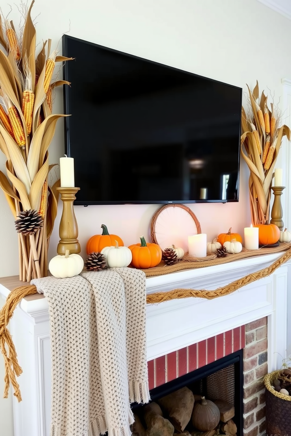 A cozy fall mantel adorned with dried corn stalks creates a rustic charm. The warm tones of the corn complement seasonal decorations like small pumpkins and candles. Layered textures enhance the visual interest, with a knitted throw draped over the mantel. Natural elements like pinecones and acorns add to the autumnal feel, inviting warmth into the space.