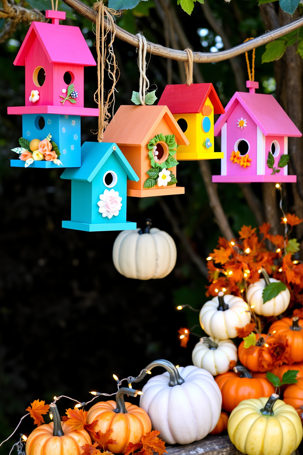 Decorative birdhouses in vibrant colors hang from a tree branch, adding a whimsical touch to the garden. Each birdhouse features unique designs, such as floral patterns and playful shapes, inviting birds and delighting guests. A cozy fall mantel is adorned with an array of pumpkins in varying sizes and shades of orange and white. Alongside the pumpkins, strands of twinkling fairy lights and autumn leaves create a warm and inviting atmosphere.