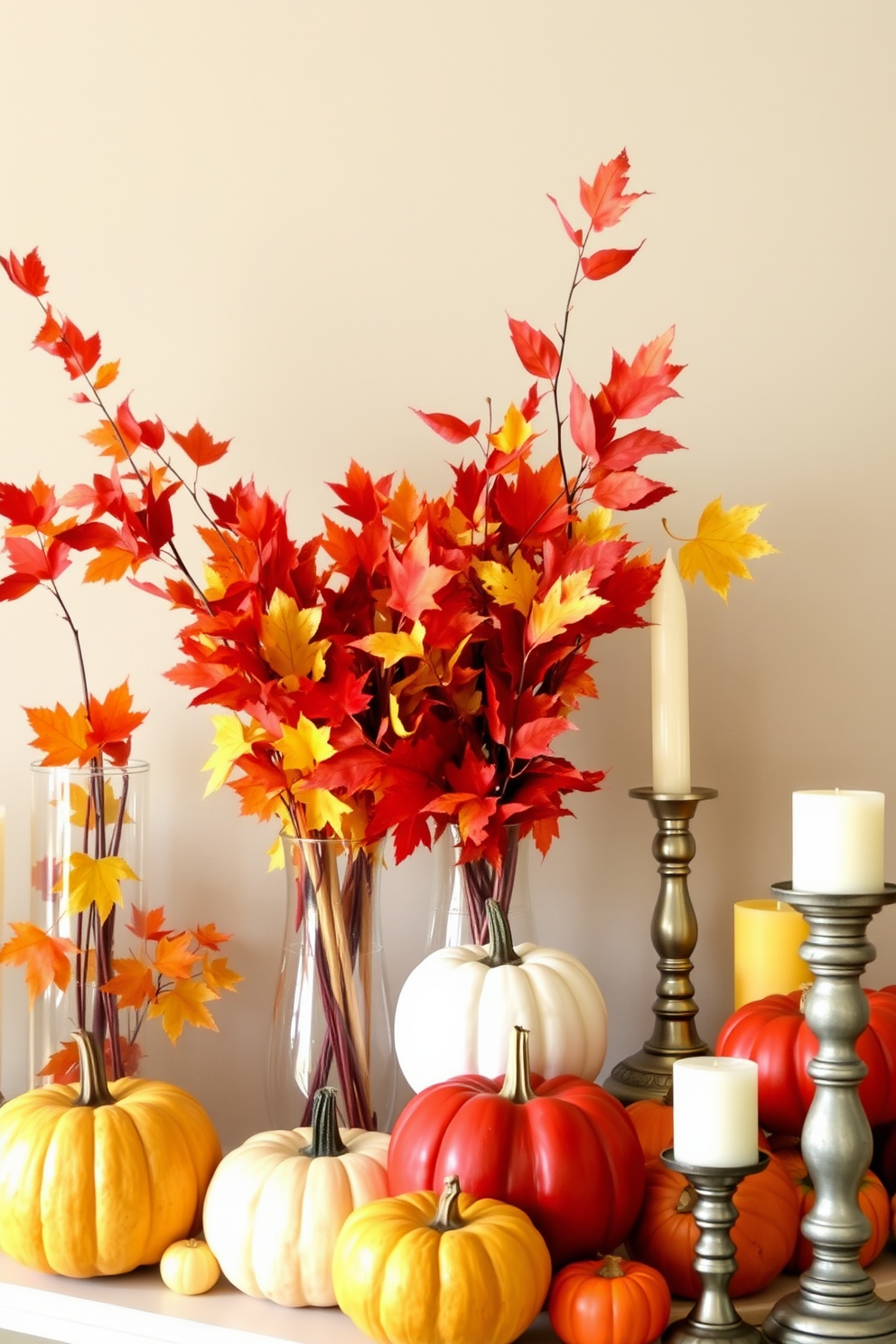 Colorful fall leaves in glass vases create a warm and inviting atmosphere. The vibrant reds, oranges, and yellows of the leaves contrast beautifully with the clear glass, enhancing the seasonal charm. For fall mantel decorating ideas, arrange an assortment of pumpkins in varying sizes along the mantel. Incorporate candles of different heights and shapes to add a cozy glow to the display.