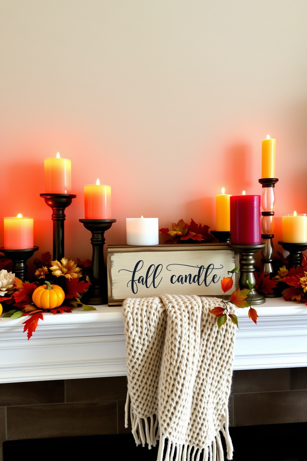 A cozy fall mantel adorned with candles of varying heights and colors creates a warm and inviting atmosphere. The rich hues of the candles complement the autumn decorations, including miniature pumpkins and vibrant leaves. Layered textures enhance the visual appeal, with a soft knitted throw draped over the mantel. A rustic wooden sign with a seasonal message adds a charming touch to the overall design.