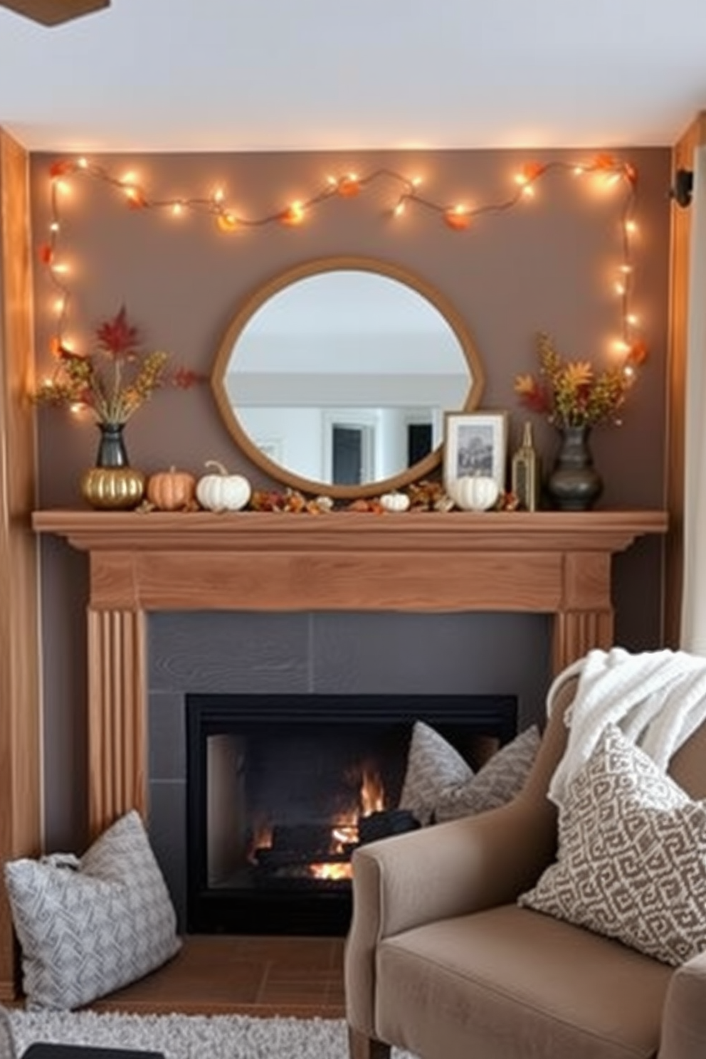 A cozy living room featuring a beautifully decorated mantel for fall. The mantel is adorned with string lights that create a warm glow, surrounded by seasonal decorations like pumpkins and autumn leaves. The fireplace below is framed by a rustic wood mantel, enhancing the inviting atmosphere of the space. Plush throw pillows and a soft blanket are draped over a nearby armchair, inviting relaxation on cool autumn evenings.