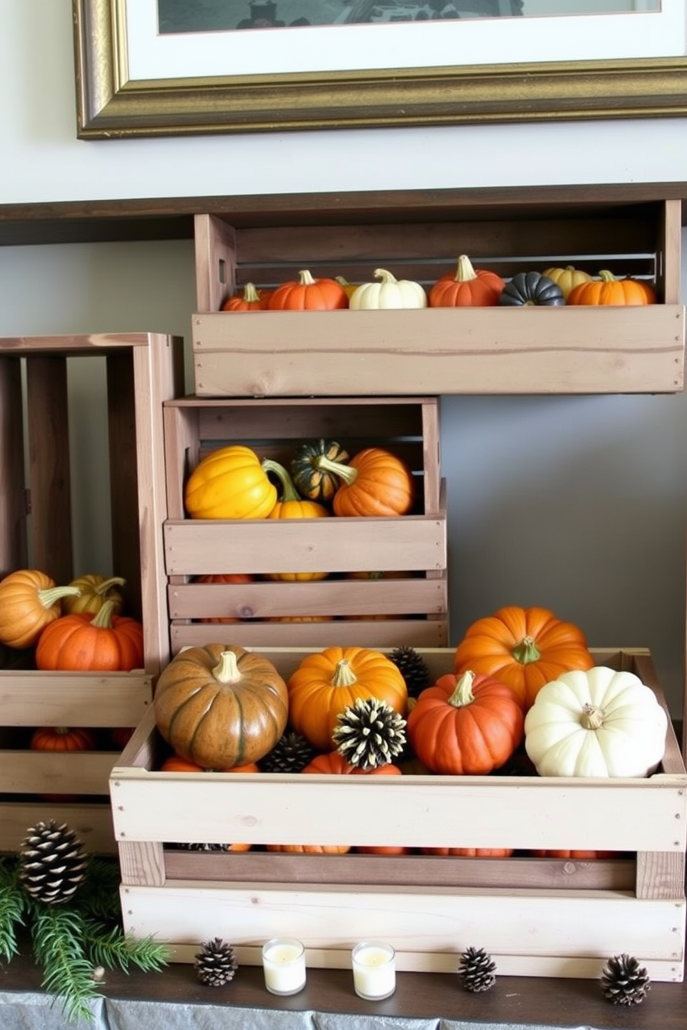 A cozy fall mantel decorated with wooden crates filled with various gourds in rich autumn colors. The crates are arranged at different heights, creating visual interest, and are complemented by small candles and pinecones scattered among them.