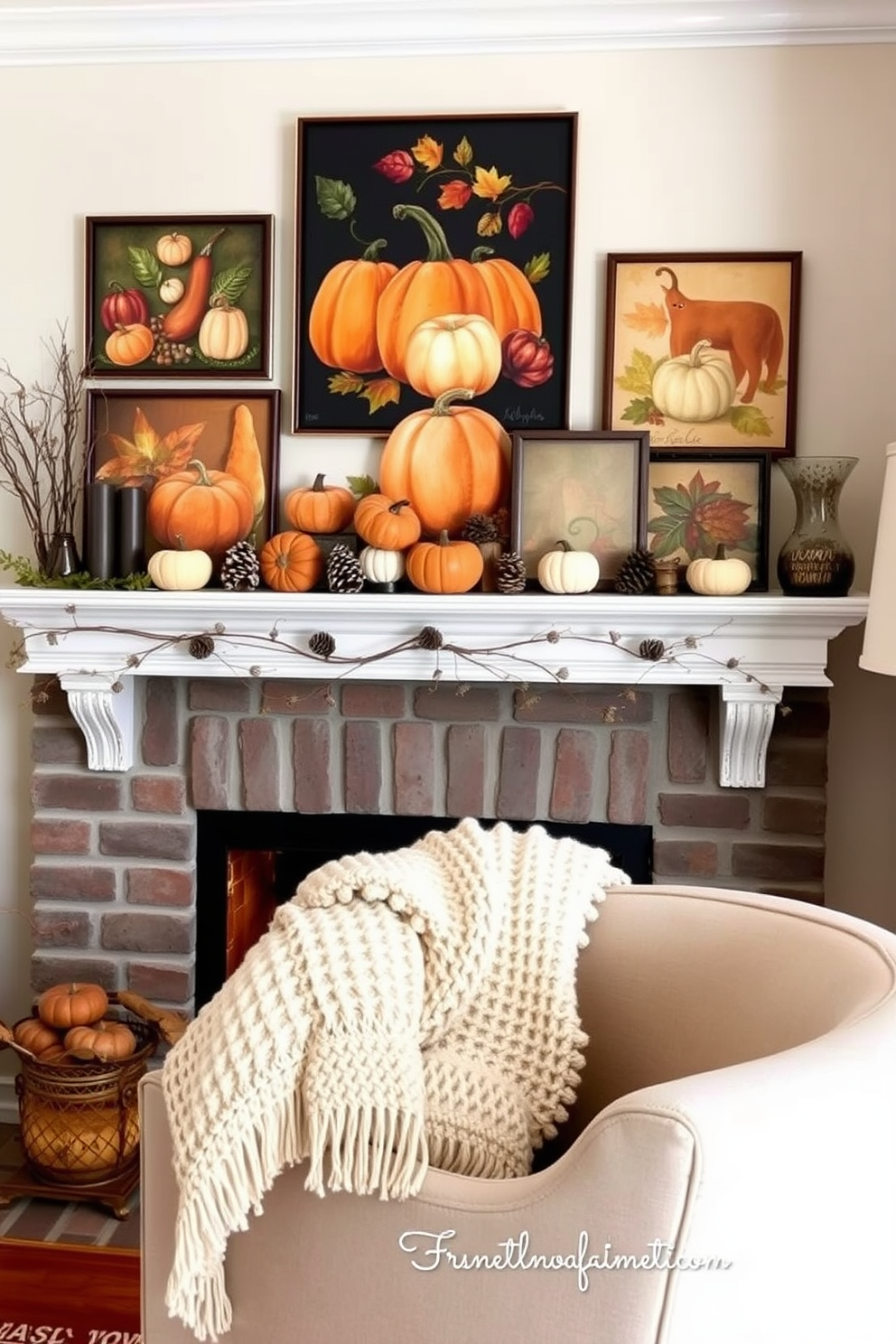 A cozy living room with a warm autumn ambiance. Above the mantel, there is a collection of harvest-themed artwork featuring pumpkins, gourds, and colorful leaves. The mantel is adorned with natural elements like pinecones and small branches. Soft, textured blankets are draped over the arm of a nearby chair, inviting relaxation.