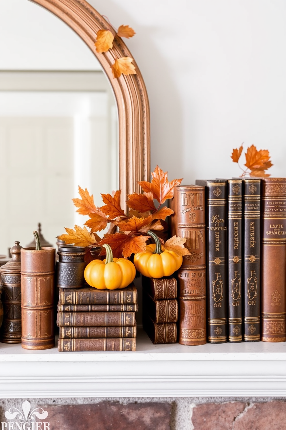 A cozy fall mantel adorned with vintage books stacked neatly beside rustic decor accents. The warm hues of autumn leaves and small pumpkins complement the aged leather bindings of the books, creating a charming seasonal display.