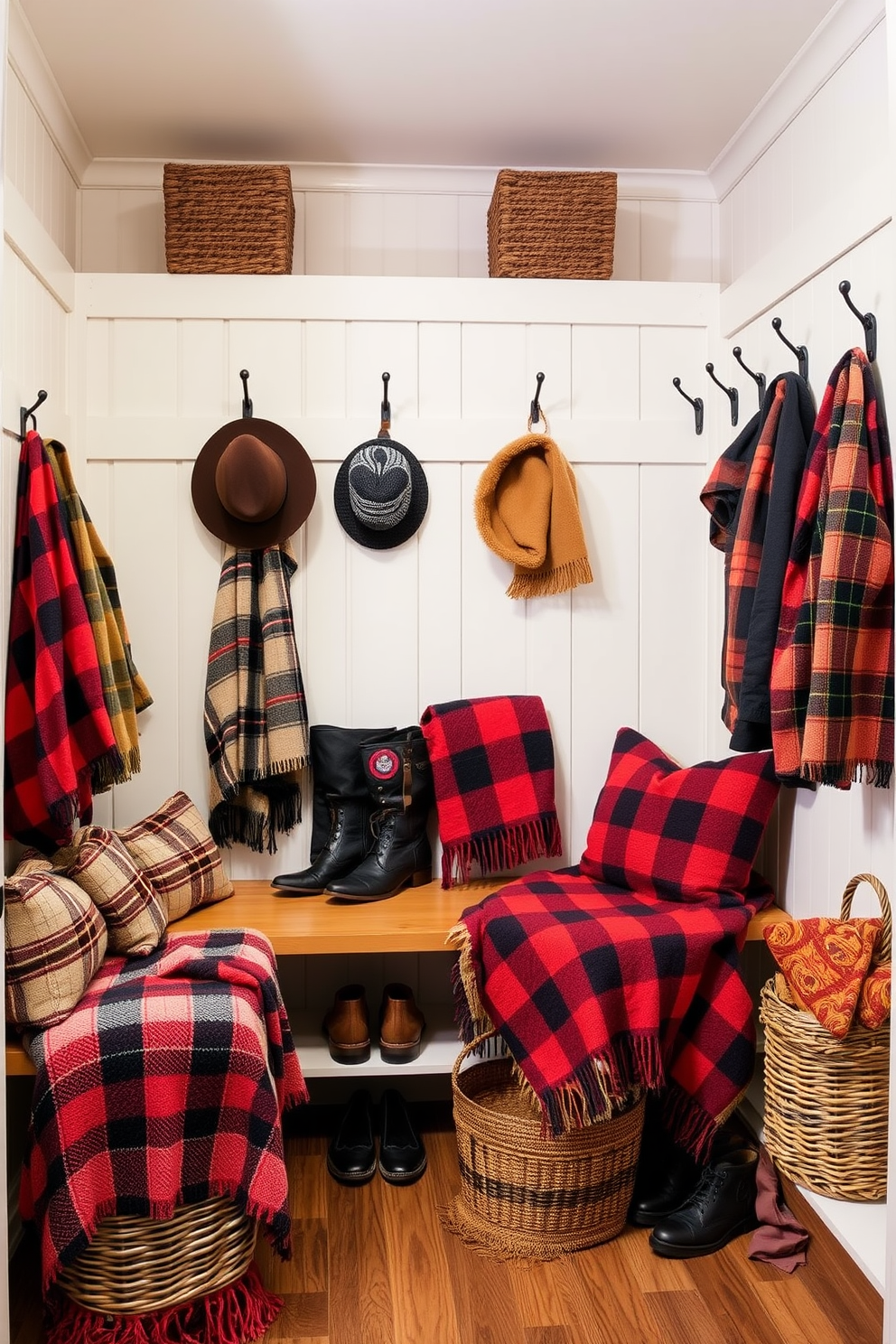 A cozy mudroom filled with warmth and charm. Benches are adorned with warm plaid throw blankets in rich autumn colors, inviting comfort and relaxation. The walls are painted in a soft neutral tone, allowing the vibrant patterns of the blankets to stand out. Rustic hooks line the wall, displaying stylish jackets and hats, while a woven basket sits nearby for storing shoes.