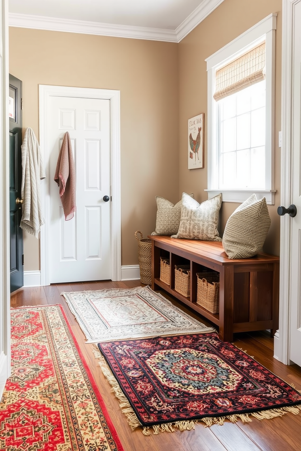 A cozy mudroom featuring layered rugs in various textures and colors to create warmth and visual interest. The walls are painted in a soft taupe, and a wooden bench with storage underneath provides a functional seating area.