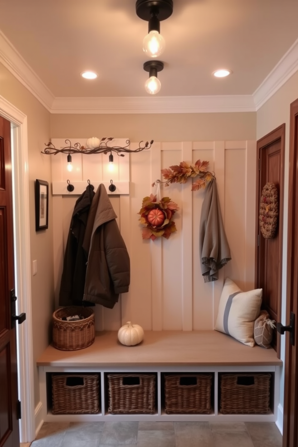 A cozy mudroom filled with soft lighting from warm-toned bulbs creates an inviting atmosphere. The space features a built-in bench with plush cushions and a collection of autumn-themed decor, including pumpkins and leaves. The walls are painted in a soft taupe color, complementing the rich wood accents throughout. A stylish coat rack holds seasonal jackets, while woven baskets underneath provide storage for shoes and outdoor gear.