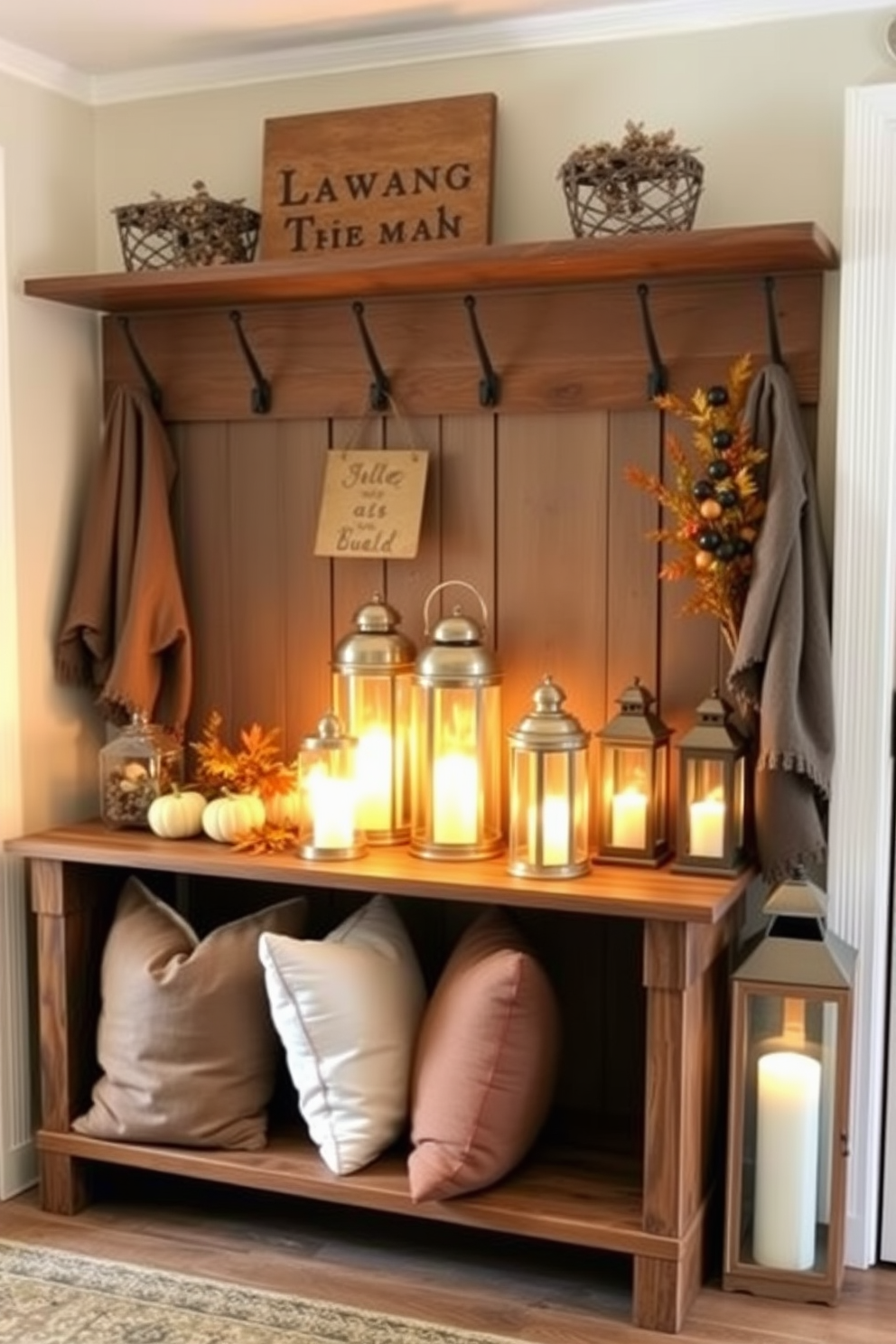 Decorative lanterns cast a warm and inviting glow throughout the space. They are arranged on a rustic wooden console table, surrounded by seasonal decorations like pumpkins and leaves. The mudroom features a charming design with a mix of functional storage and cozy decor. A bench with plush cushions sits beneath a row of hooks, while decorative lanterns add a touch of warmth to the entryway.