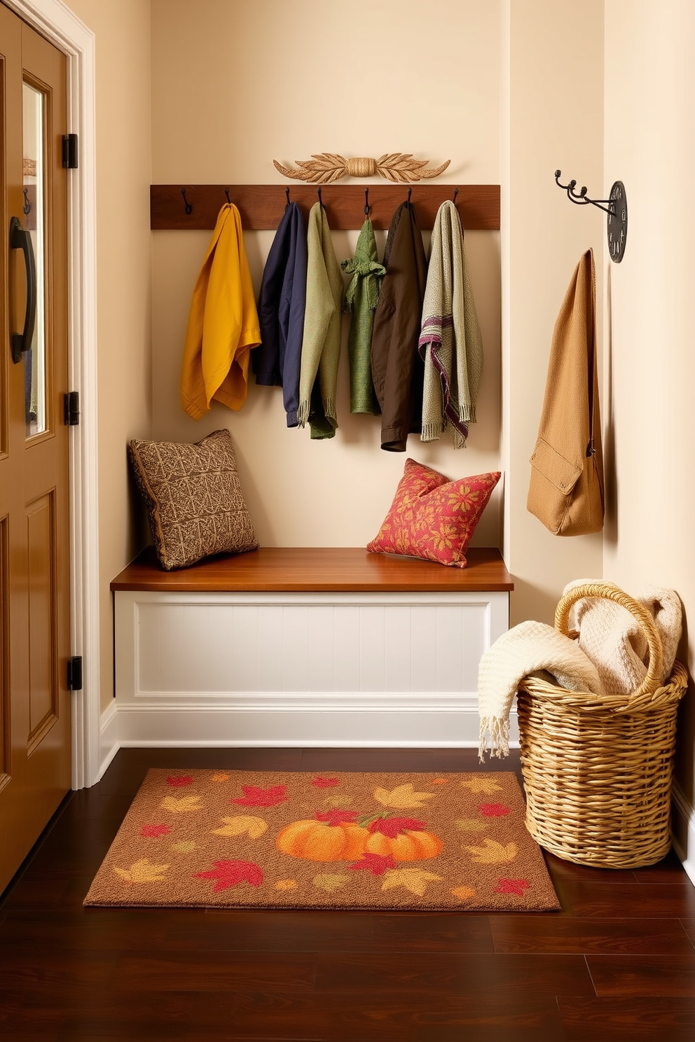 A cozy entrance featuring a fall-themed doormat adorned with pumpkins and autumn leaves. Surrounding the doormat, the mudroom is decorated with warm-toned accents, including a wooden bench and hooks for jackets, creating an inviting atmosphere. The walls are painted in a soft beige, complementing the rich colors of the fall decor. A woven basket filled with cozy blankets sits beside the bench, adding both functionality and seasonal charm.