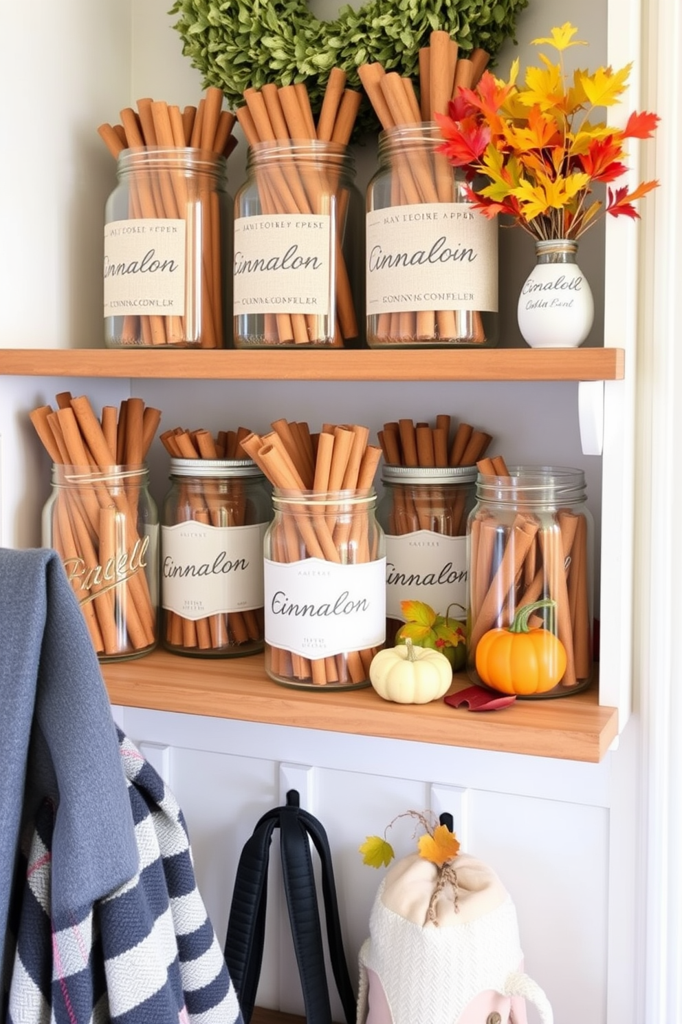 A cozy mudroom adorned with decorative jars filled with cinnamon sticks. The jars are arranged on a wooden shelf, complemented by autumn-themed decor like small pumpkins and colorful leaves.