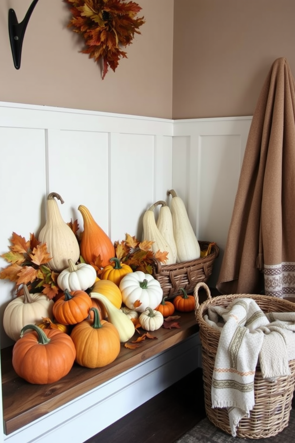 A cozy mudroom filled with gourds in varying sizes creates a warm and inviting atmosphere. The gourds are arranged on a rustic wooden bench alongside a collection of autumn leaves and small pumpkins. The walls are painted in a soft beige tone, providing a neutral backdrop for the vibrant colors of the gourds. A woven basket filled with cozy blankets sits in the corner, enhancing the seasonal decor and inviting comfort.