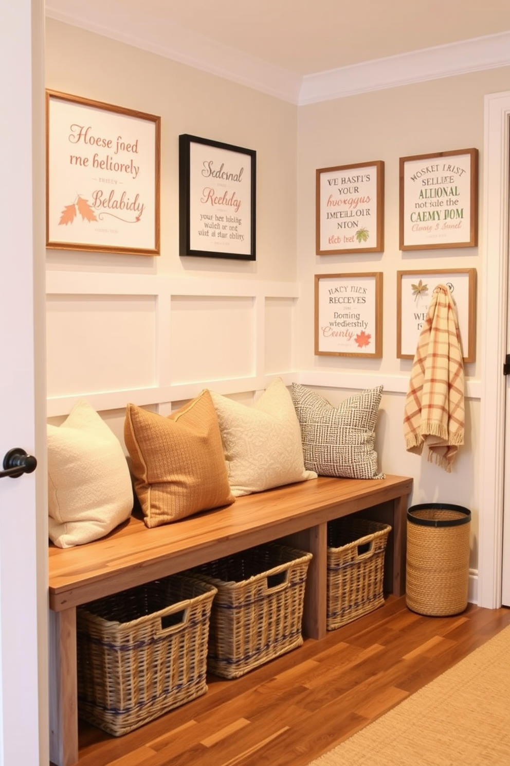 A cozy mudroom adorned with seasonal quotes framed on the walls. The space features a rustic bench with plush cushions and woven baskets for storage, creating an inviting atmosphere.