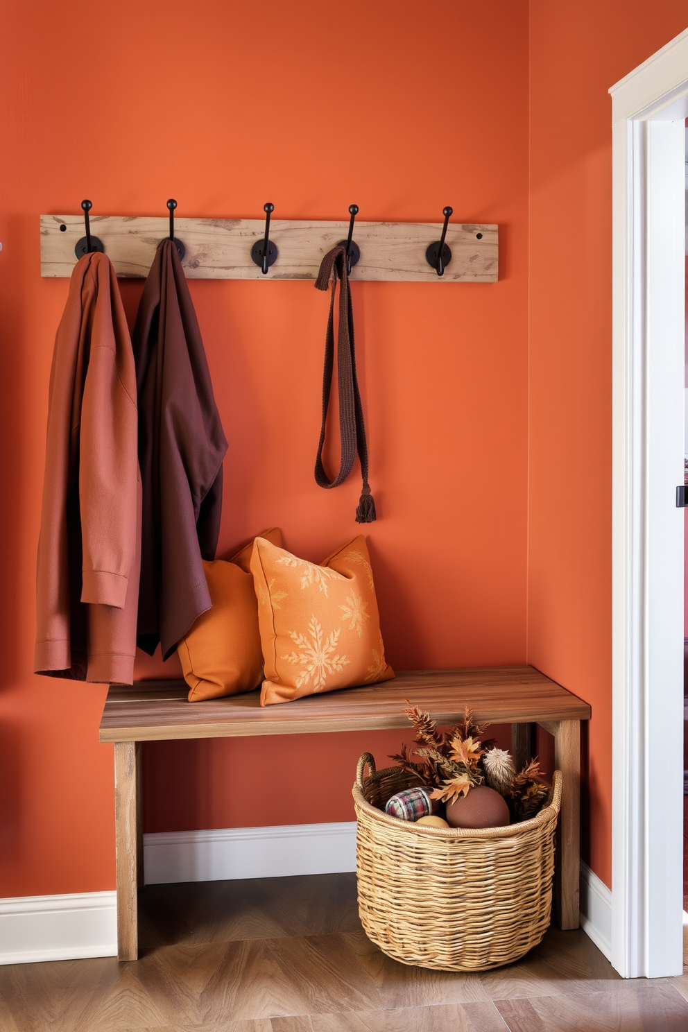 A cozy mudroom adorned with an earthy color palette featuring rich oranges and warm browns. The walls are painted in a soft terracotta hue, complemented by a rustic wooden bench with plush cushions in earthy tones. Above the bench, there are hooks made of aged metal for hanging jackets and bags. A woven basket filled with seasonal items sits on the floor, adding texture and warmth to the space.