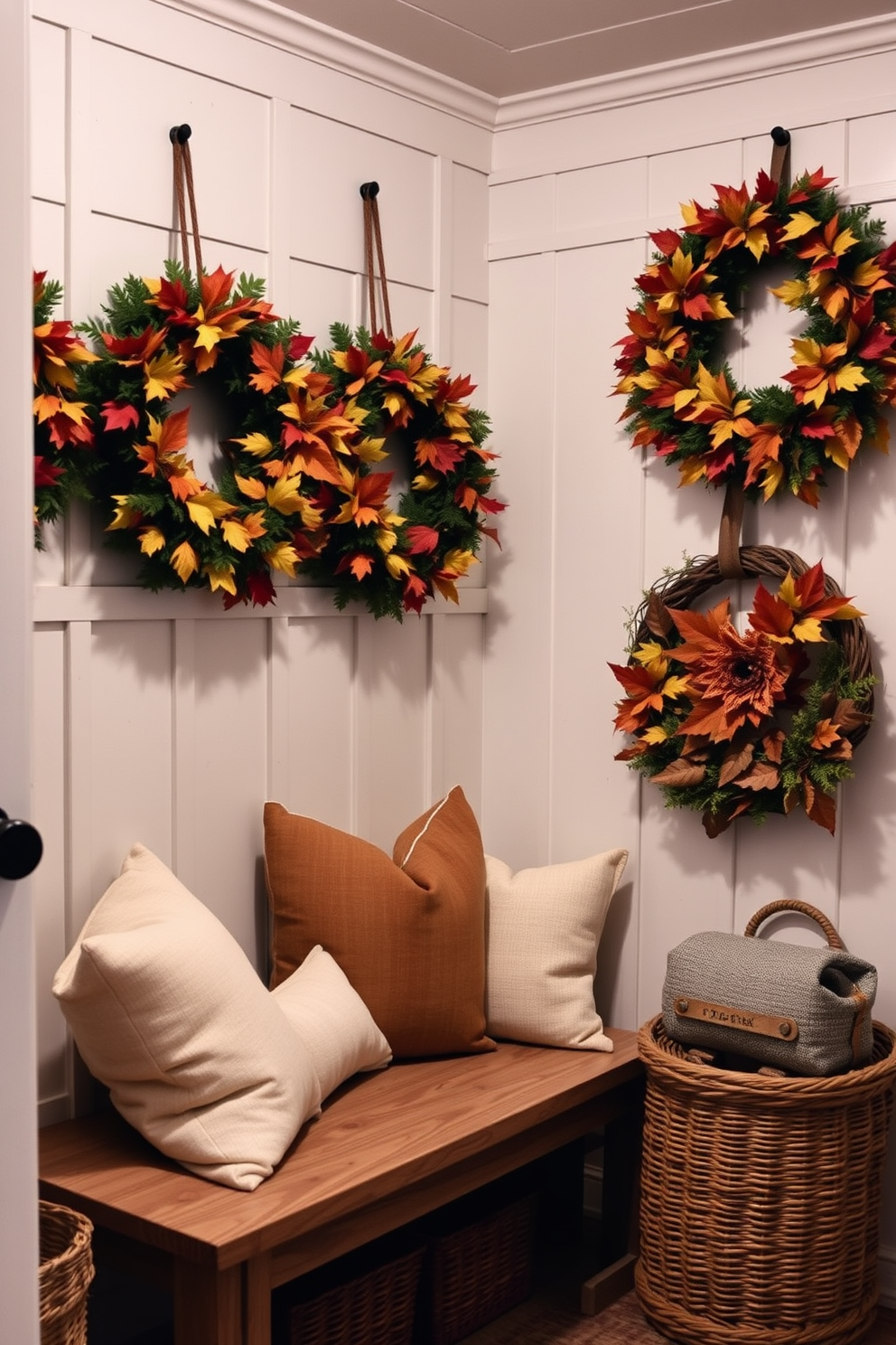 A cozy mudroom filled with seasonal wreaths adorned with vibrant autumn leaves. The space features a rustic bench with plush cushions and a collection of woven baskets for storage.